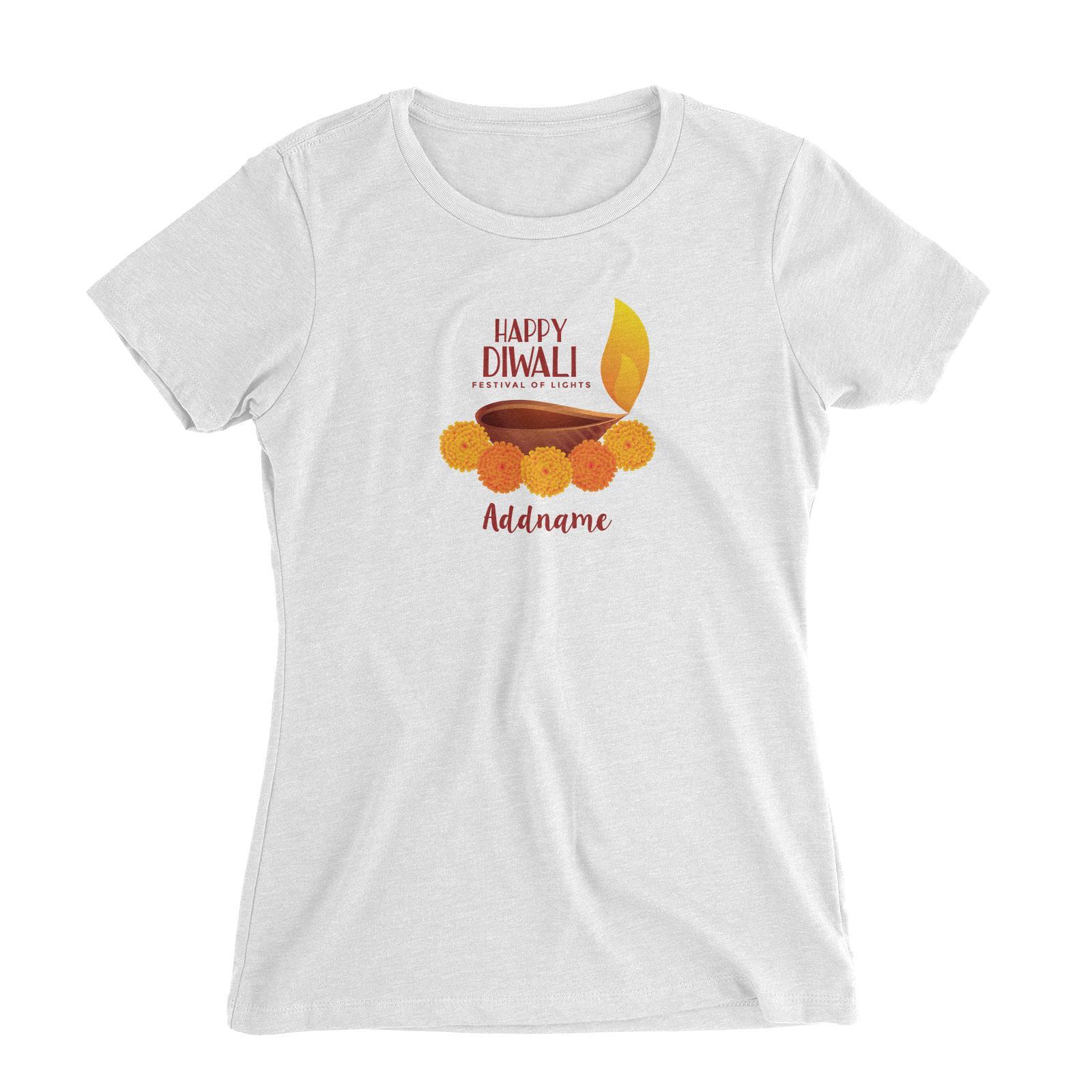 Deepavali Greetings Diyas With Flower Addname Women's Slim Fit T-Shirt