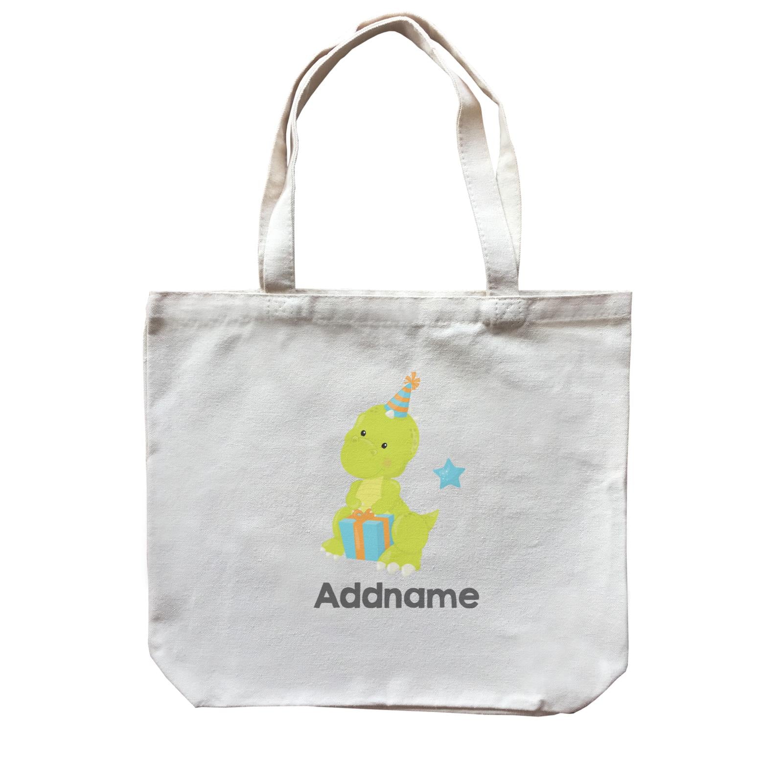 Dino Birthday Green Rex With Birthday Gift and Hat Addname Canvas Bag