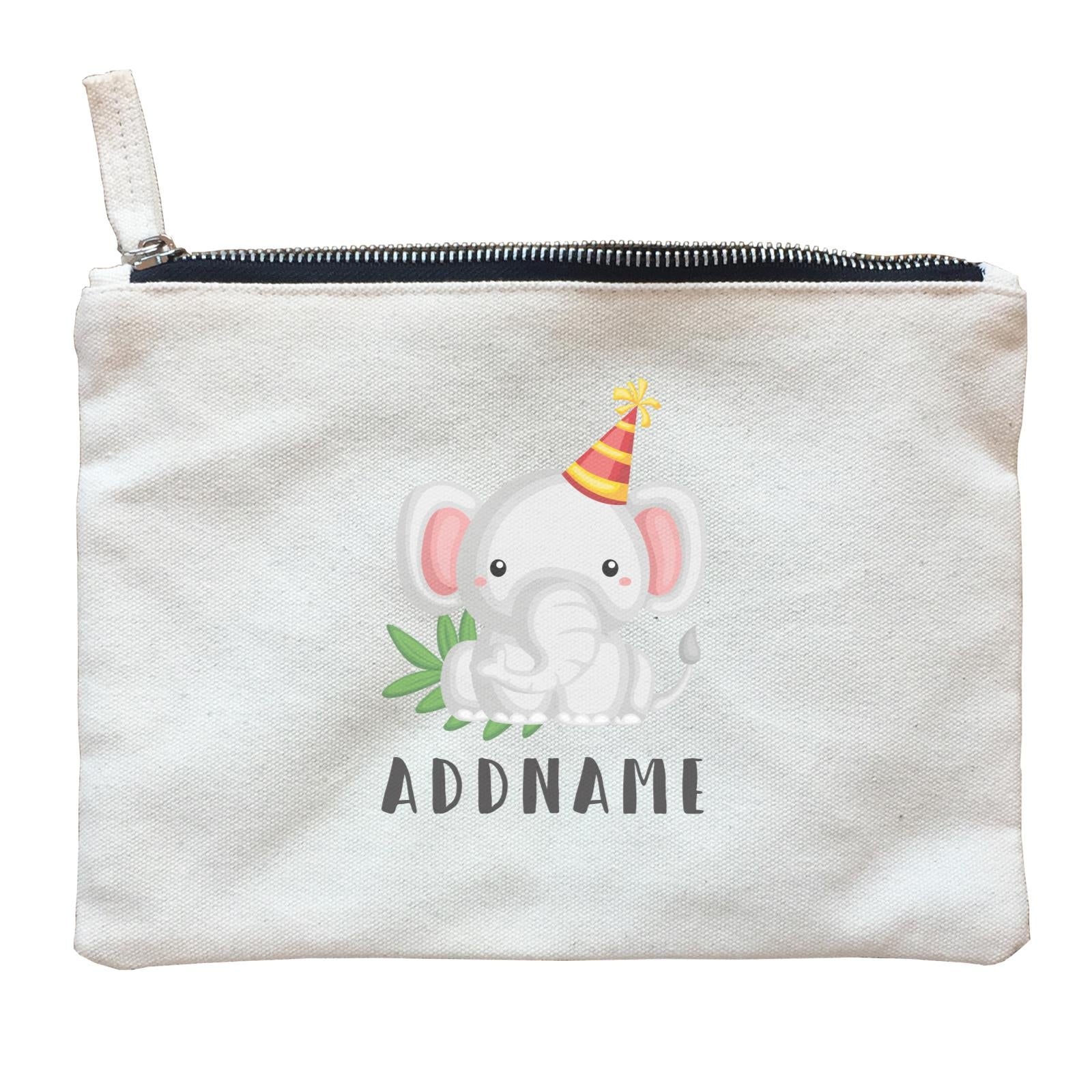 Birthday Safari Elephant Wearing Party Hat Addname Zipper Pouch