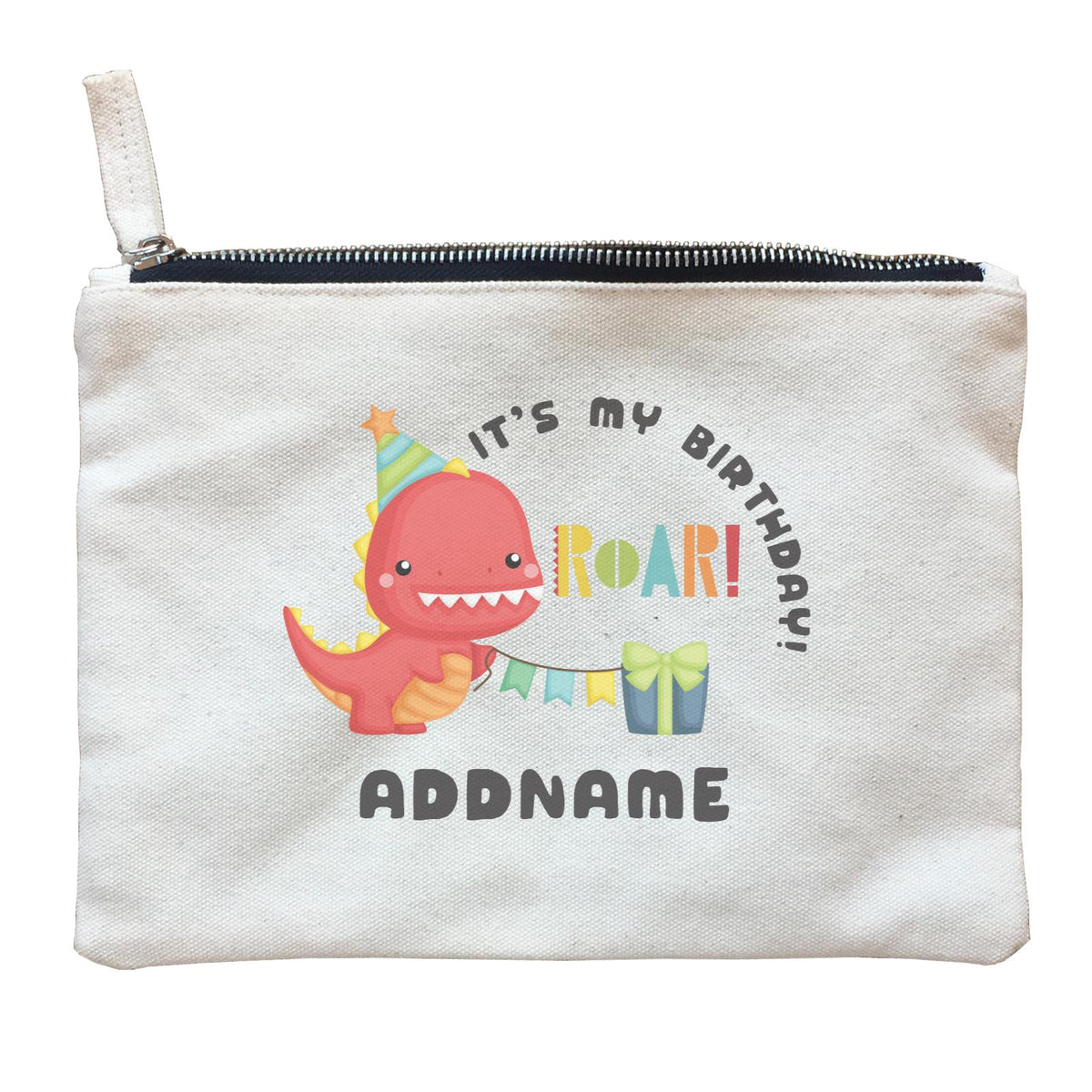 Birthday Dinosaur Happy Red Rex Wearing Party Hat It's My Birthday Addname Zipper Pouch