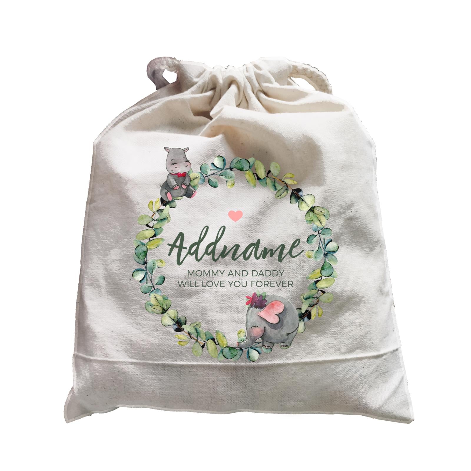 Watercolour Hippo and Elephant Leaf Wreath Personalizable with Name and Text Satchel