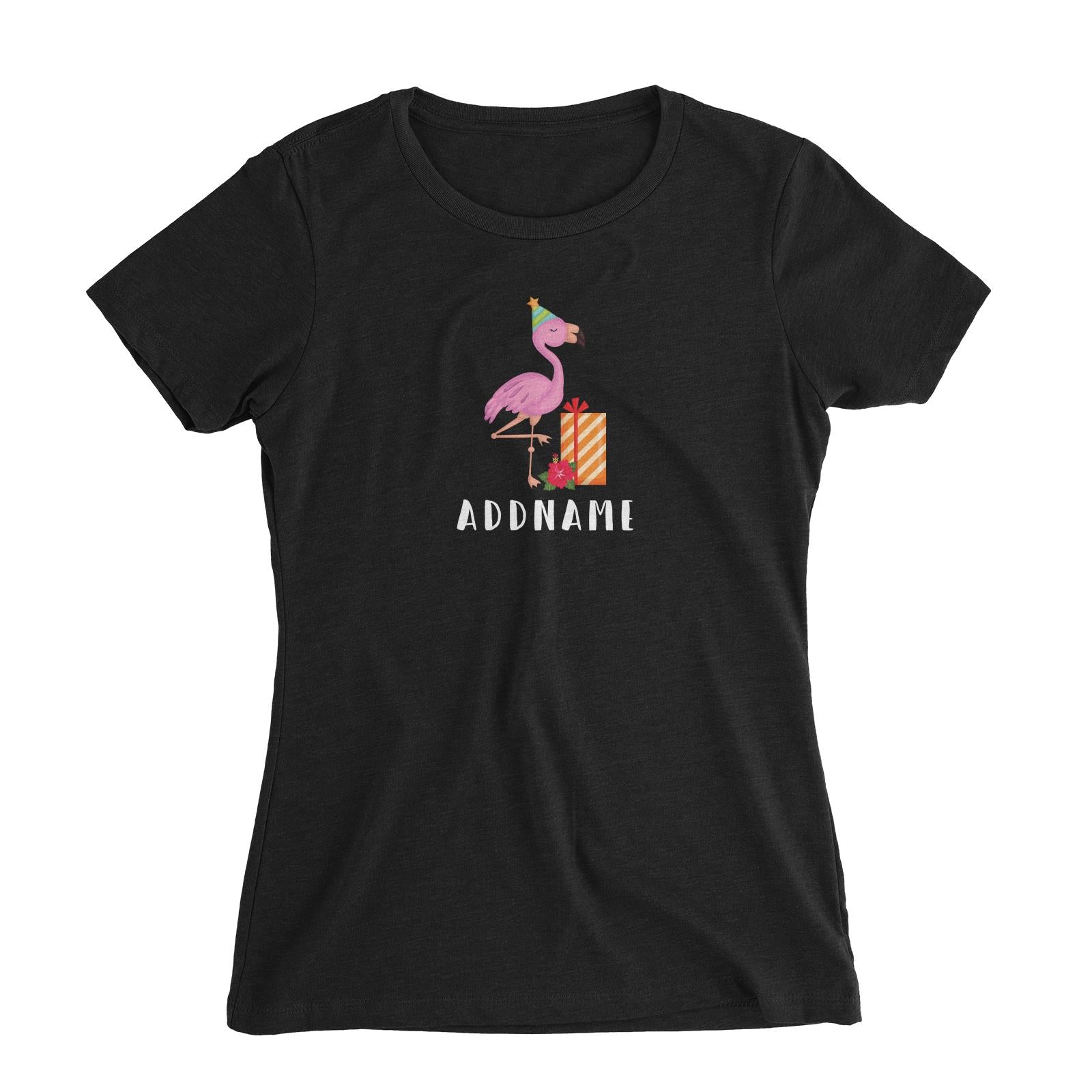 Birthday Hawaii Flamigo Wearing Party Hat With Present And Hibiscus Addname Women's Slim Fit T-Shirt