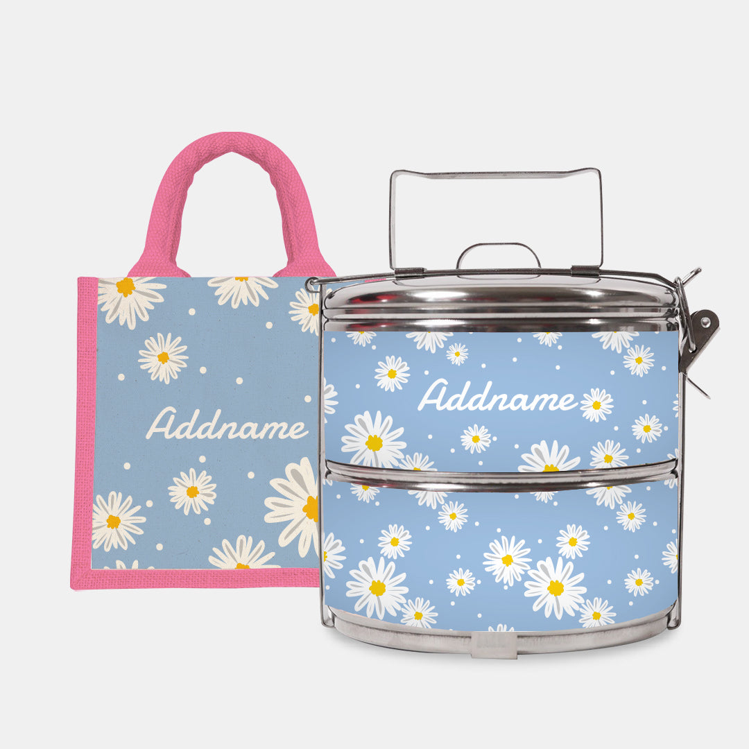 Daisy Series Half Lining Lunch Bag Wtih Standard Two Tier Tiffin Carrier - Frost Light Pink