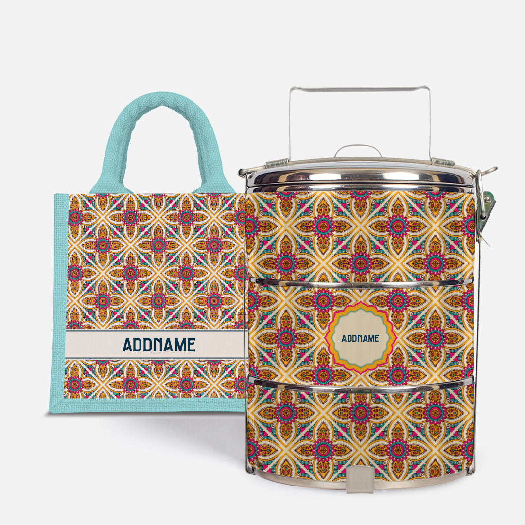 Pookal Series Standard Tiffin with Half Lining Lunch Bag - Vibrant Tiles Light Blue