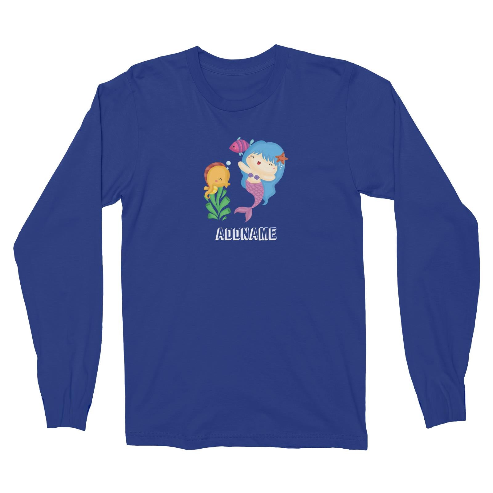 Birthday Mermaid Blue Hair Mermaid Playing With Seahorse Addname Long Sleeve Unisex T-Shirt