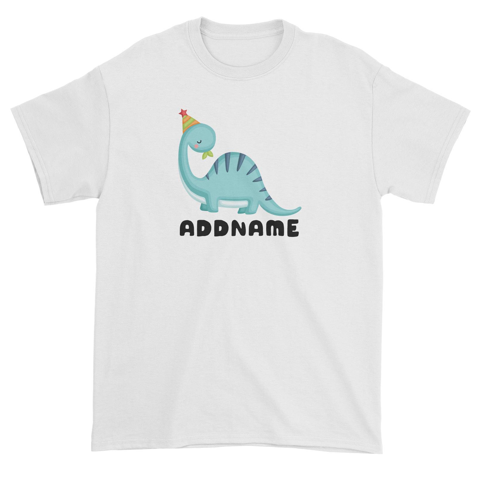 Birthday Dinosaur Happy Blue Long Neck With Party Hat Addname Unisex T-Shirt