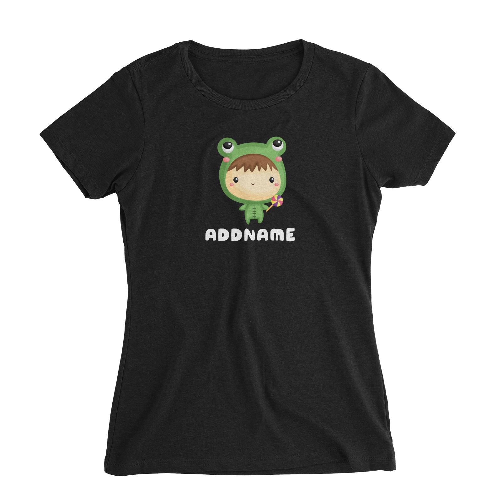 Birthday Frog Baby Boy Wearing Frog Suit Holding Lolipop Addname Women's Slim Fit T-Shirt