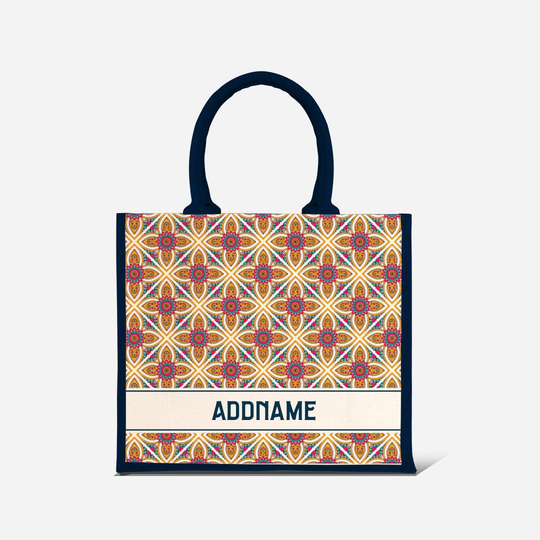 Pookal Series Half Lining Jute Bag - Vibrant Tiles Navy