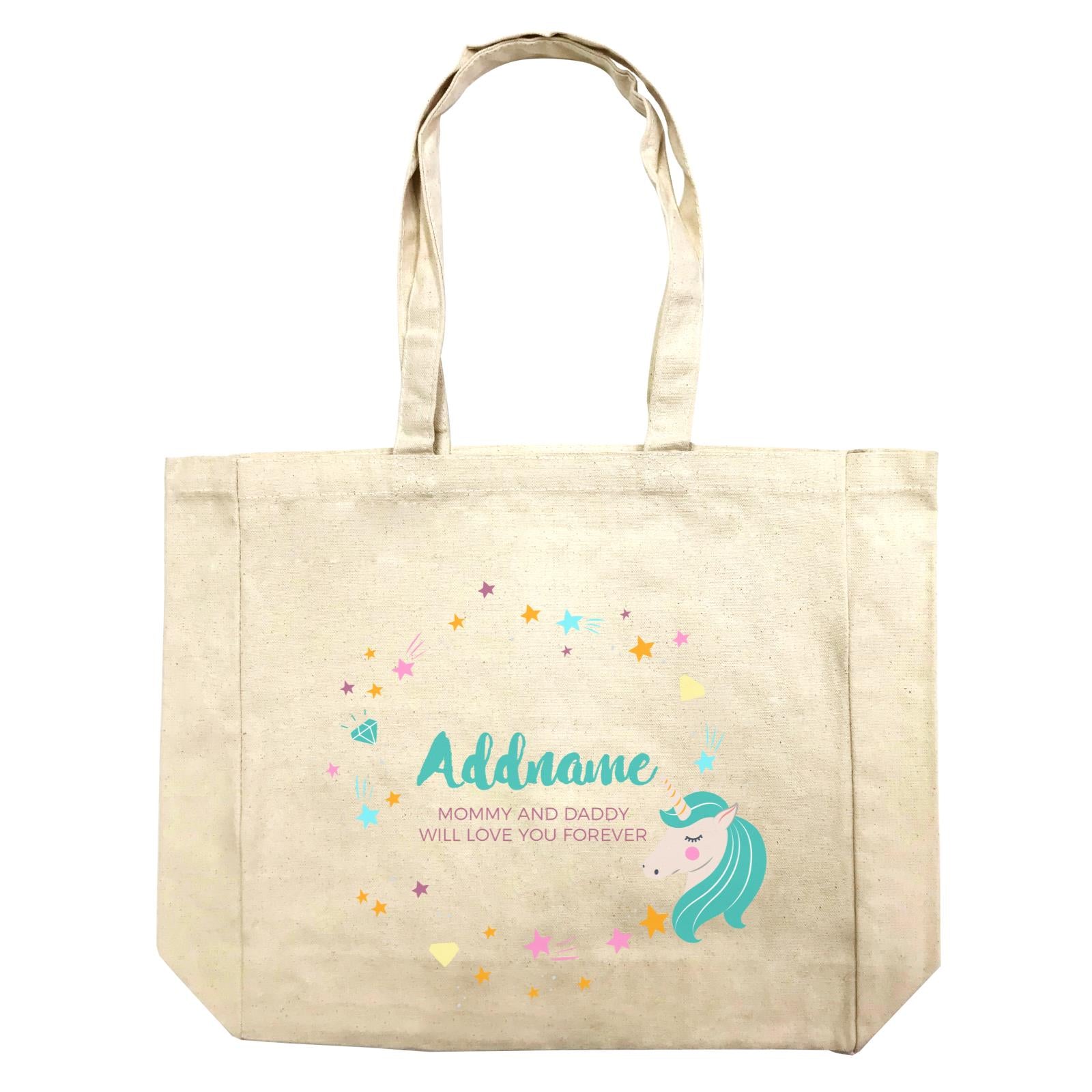 Cute Green Unicorn with Star and Diamond Elements Personalizable with Name and Date Shopping Bag