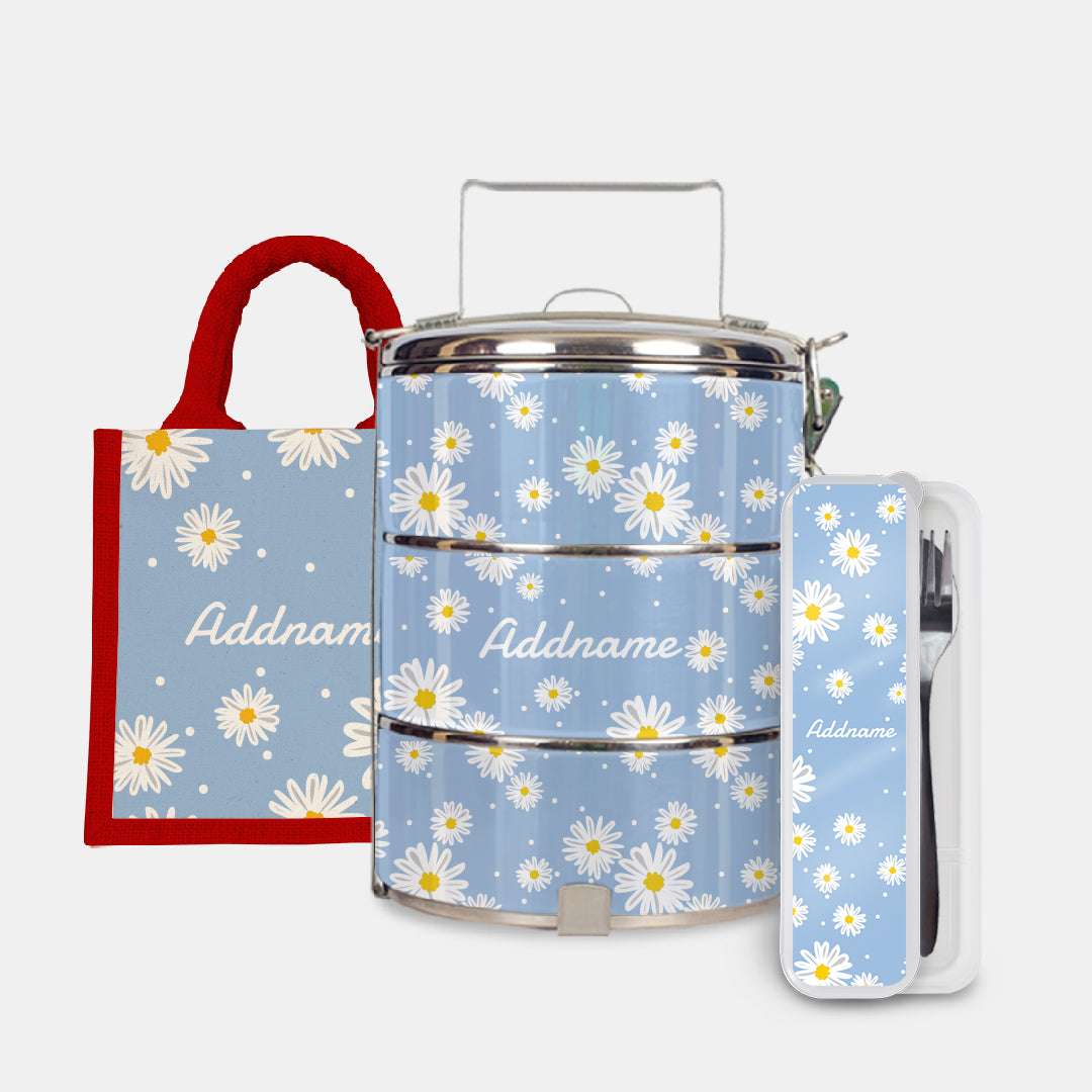 Daisy Series Half Lining Lunch Bag, Standard Tiffin Carrier And Cutlery Set - Frost Red