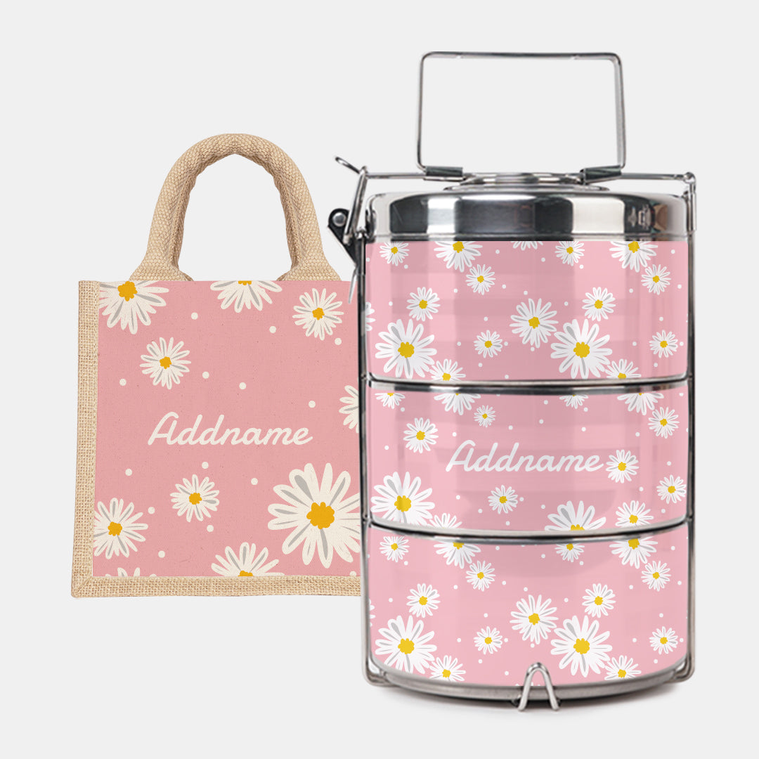 Daisy Series Half Lining Lunch Bag Wtih Premium Tiffin Carrier - Blush Natural