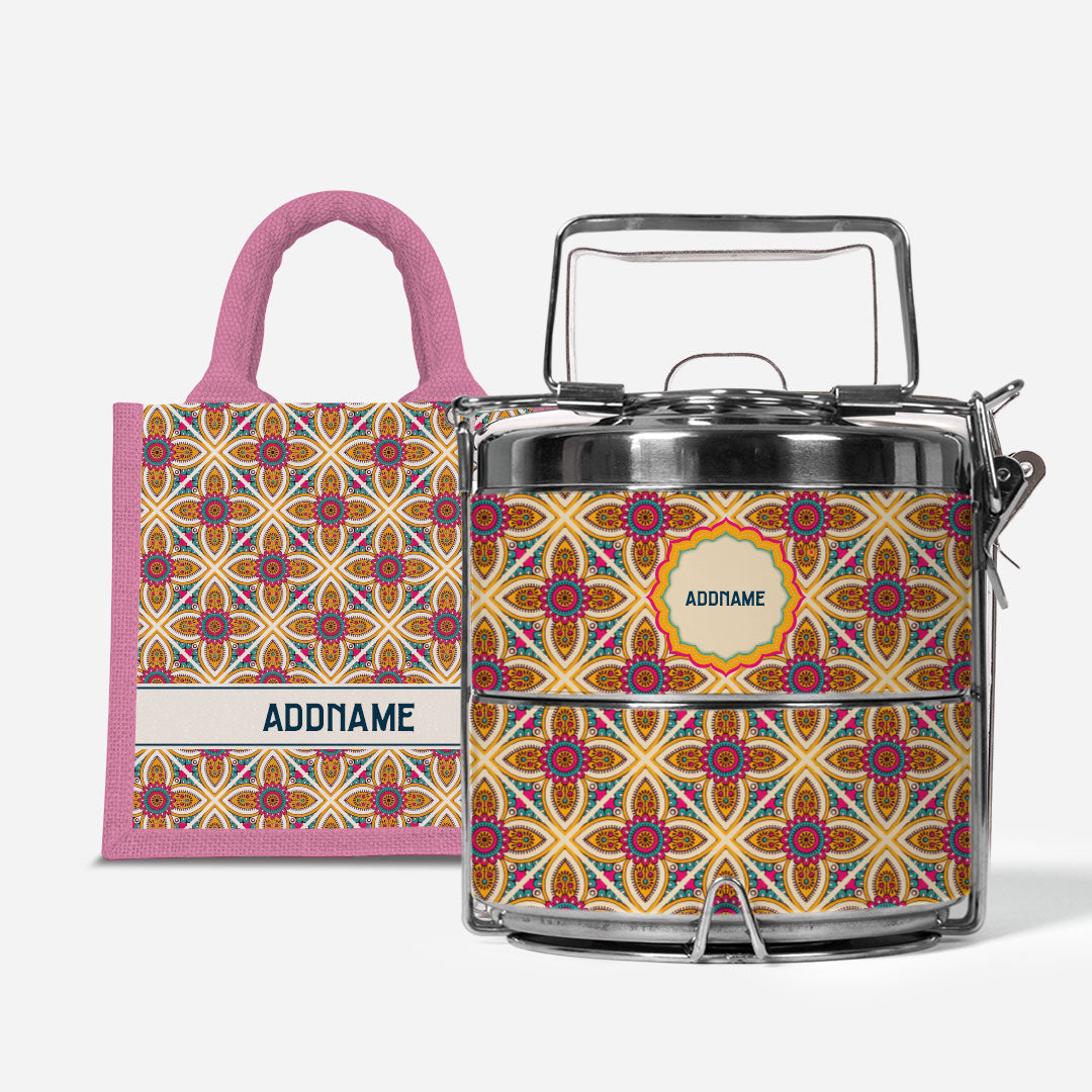 Pookal Series Premium Two Tier Tiffin with Half Lining Lunch Bag - Vibrant Tiles Light Pink