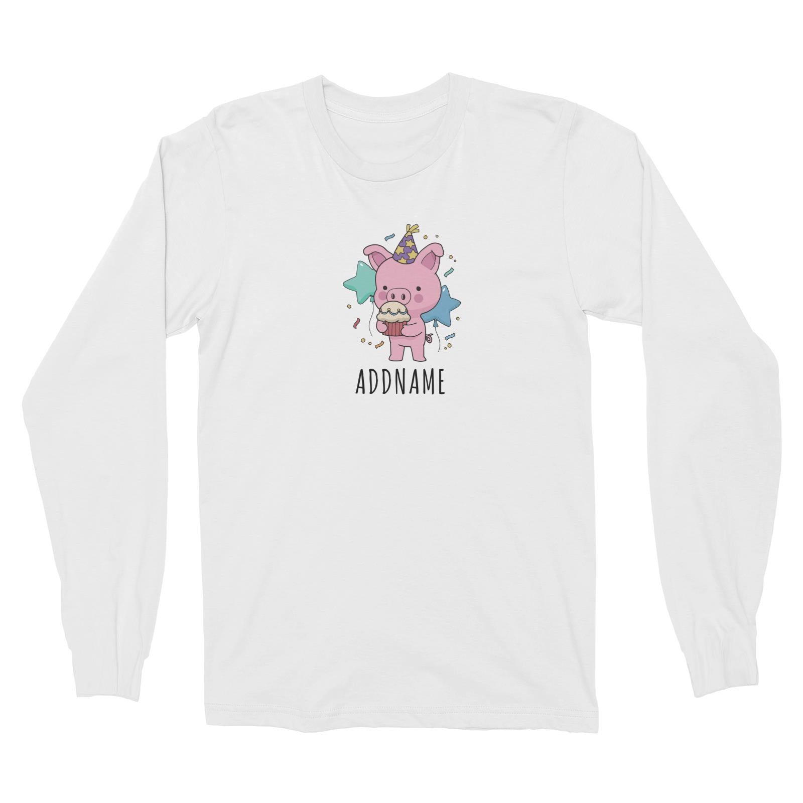 Birthday Sketch Animals Pig with Party Hat Eating Cupcake Addname Long Sleeve Unisex T-Shirt