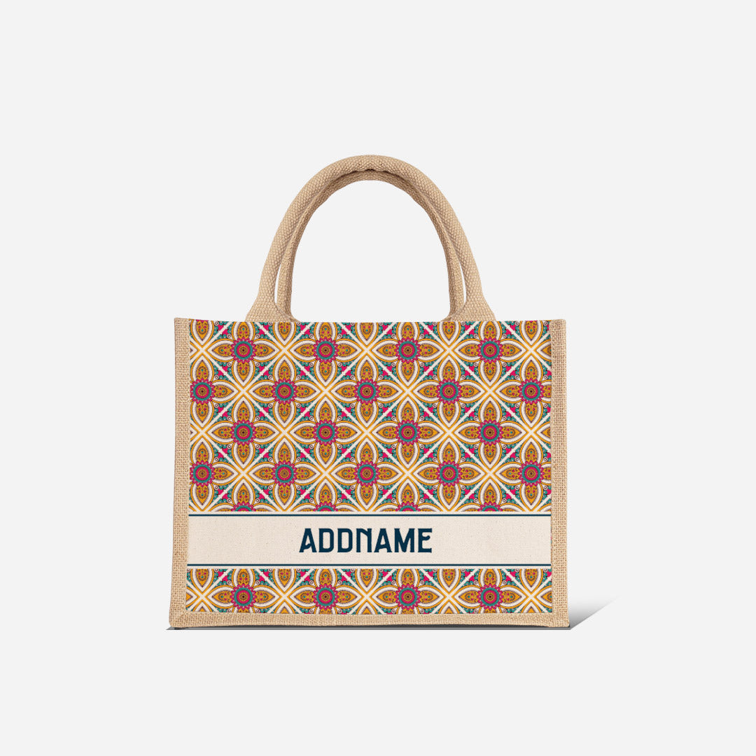 Pookal Series Half Lining Small Jute Bag - Vibrant Tiles Natural
