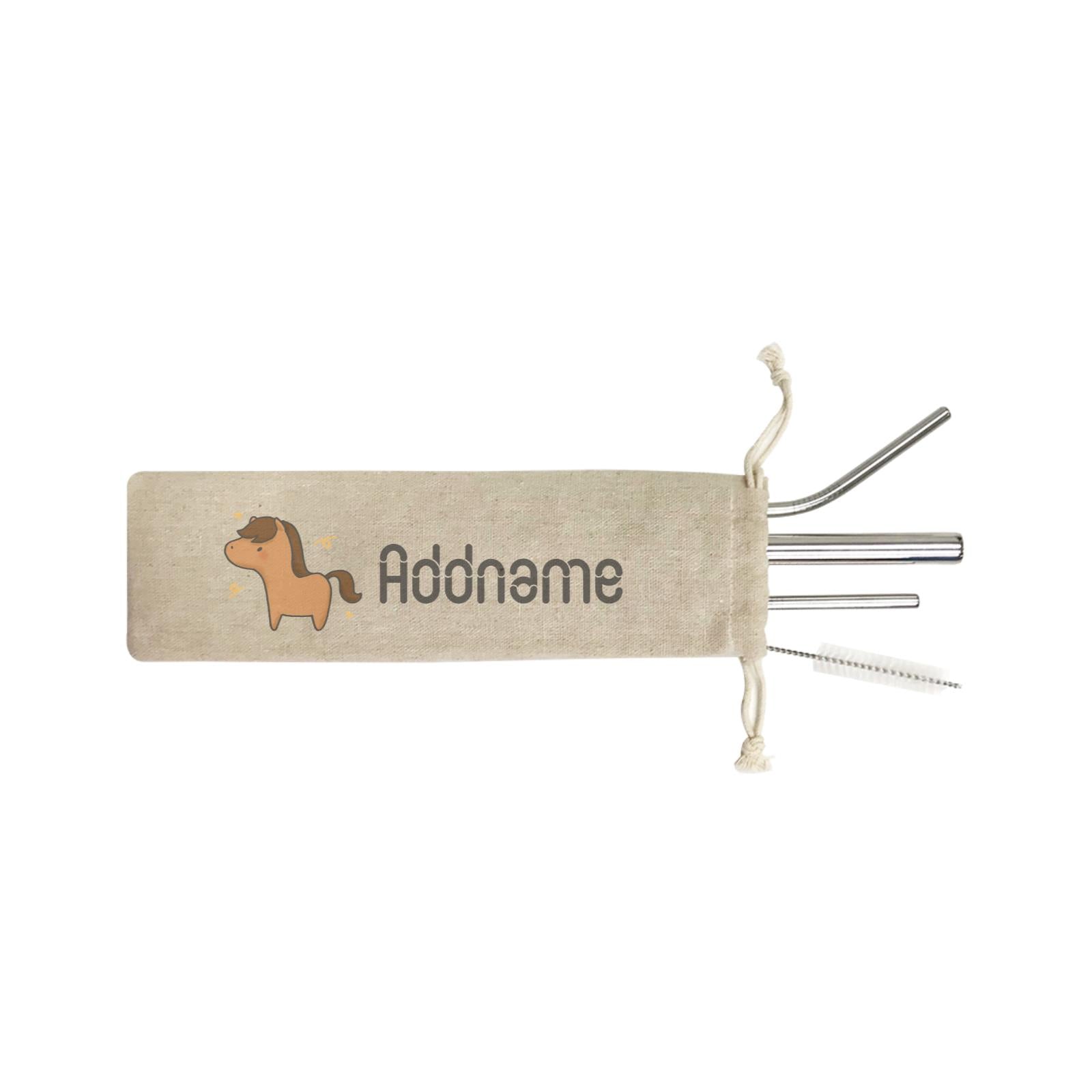 Cute Hand Drawn Style Horse Addname ST 4-In-1 Stainless Steel Straw Set in Satchel