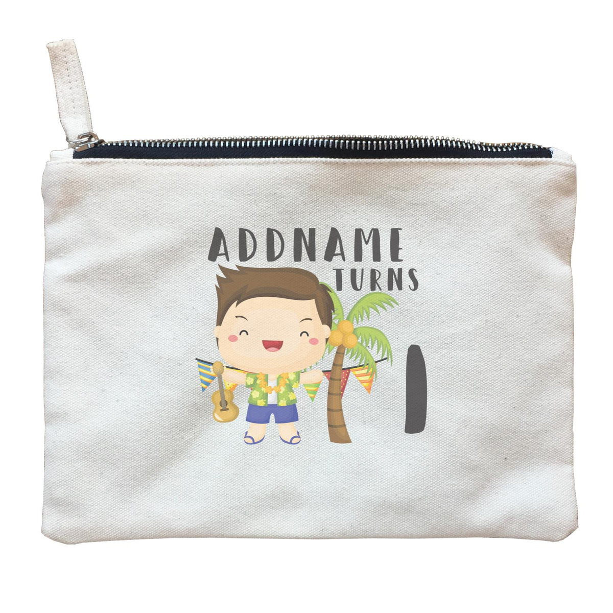 Birthday Hawaii Boy Taking Ukelele Addname Turns 1 Zipper Pouch