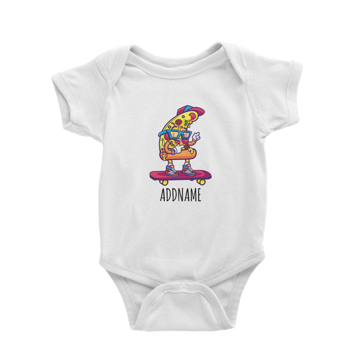 Cartoon Skateboard Cool Pizza Slice White White Baby Romper