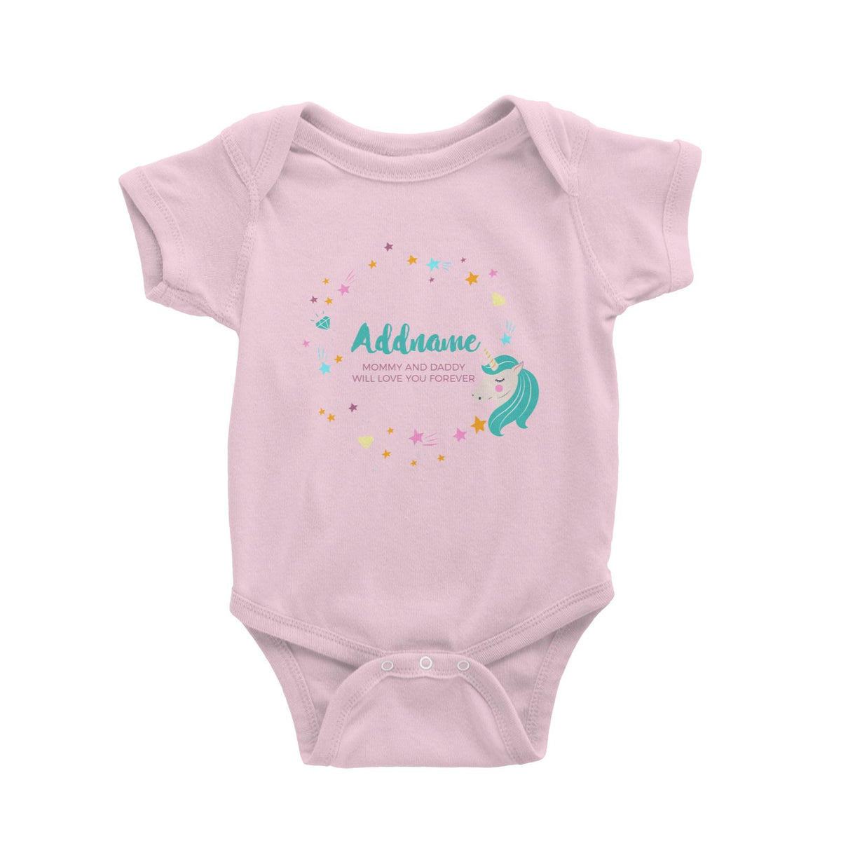 Cute Green Unicorn with Star and Diamond Elements Personalizable with Name and Date Baby Romper