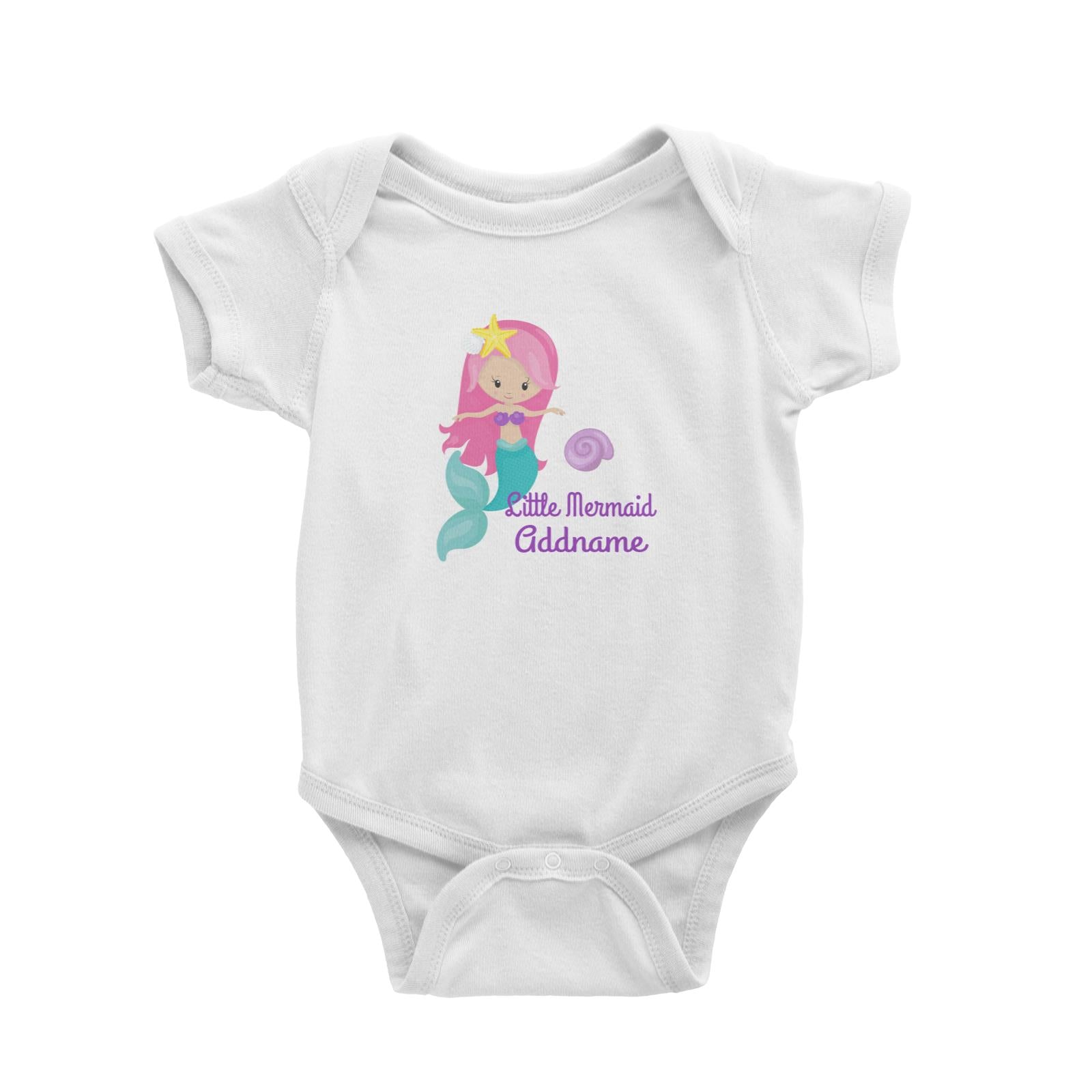 Little Mermaid Upright with Seashell Addname White Baby Romper