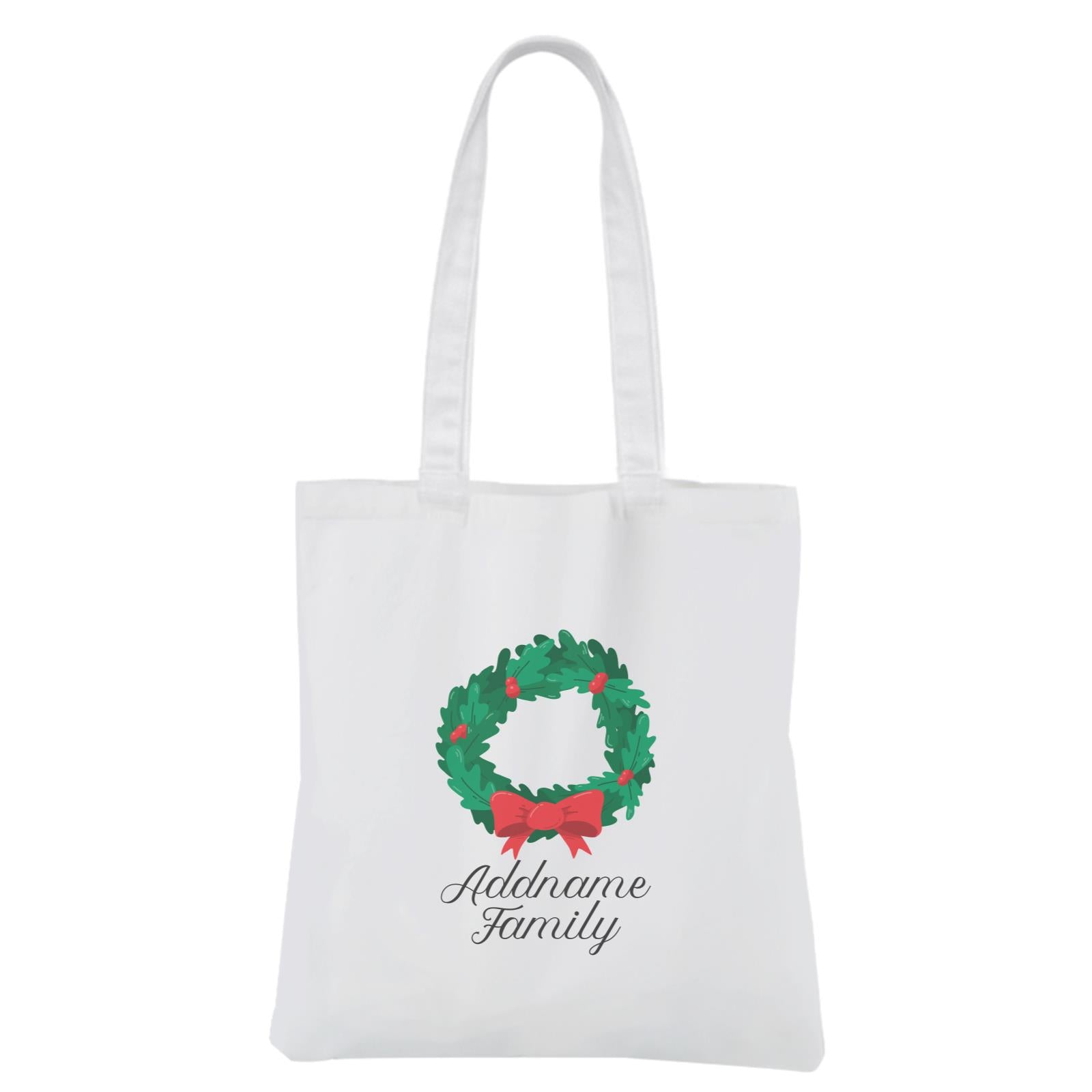 Christmas Series Wreath with Ribbon Addname Family White Canvas Bag