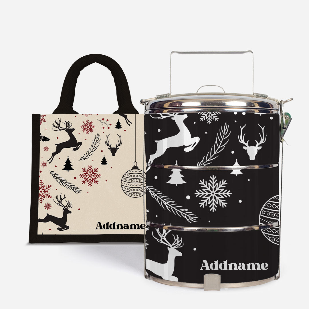 Christmas Series Standard Tiffin  with Half Lining Lunch Bag Jubilant Reindeers Black