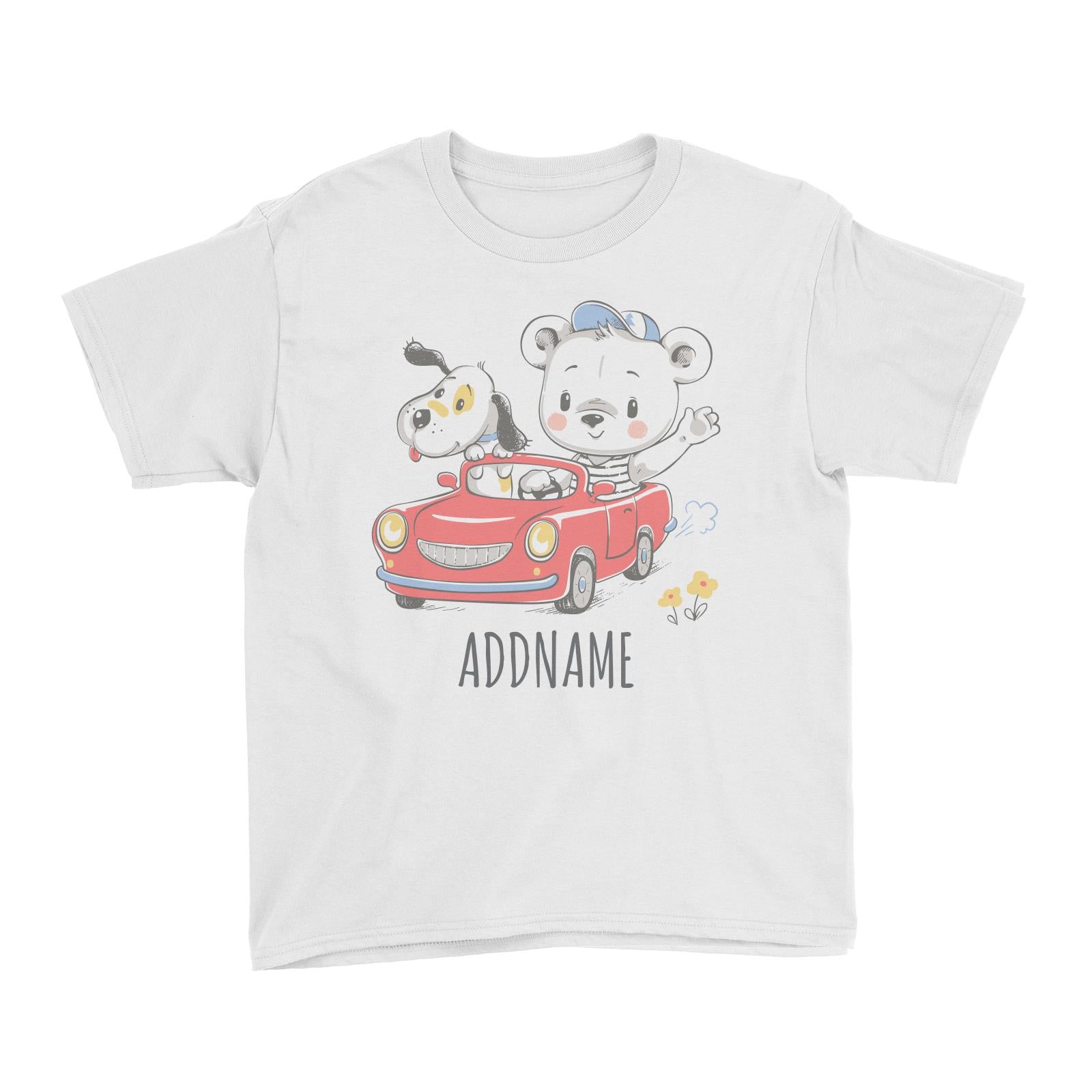Bear Riding Car with Dog White Kid's T-Shirt Personalizable Designs Cute Sweet Animal For Boys HG
