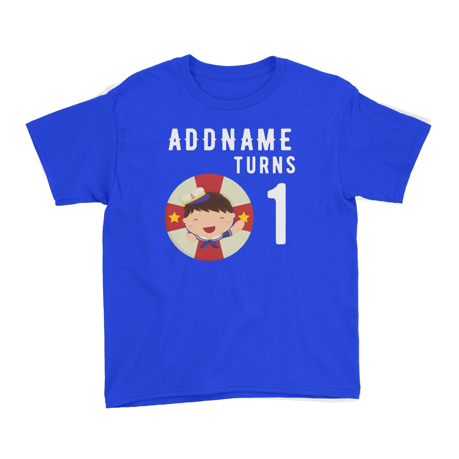 Birthday Sailor Baby Boy In Lifebuoy Addname Turns 1 Kid's T-Shirt