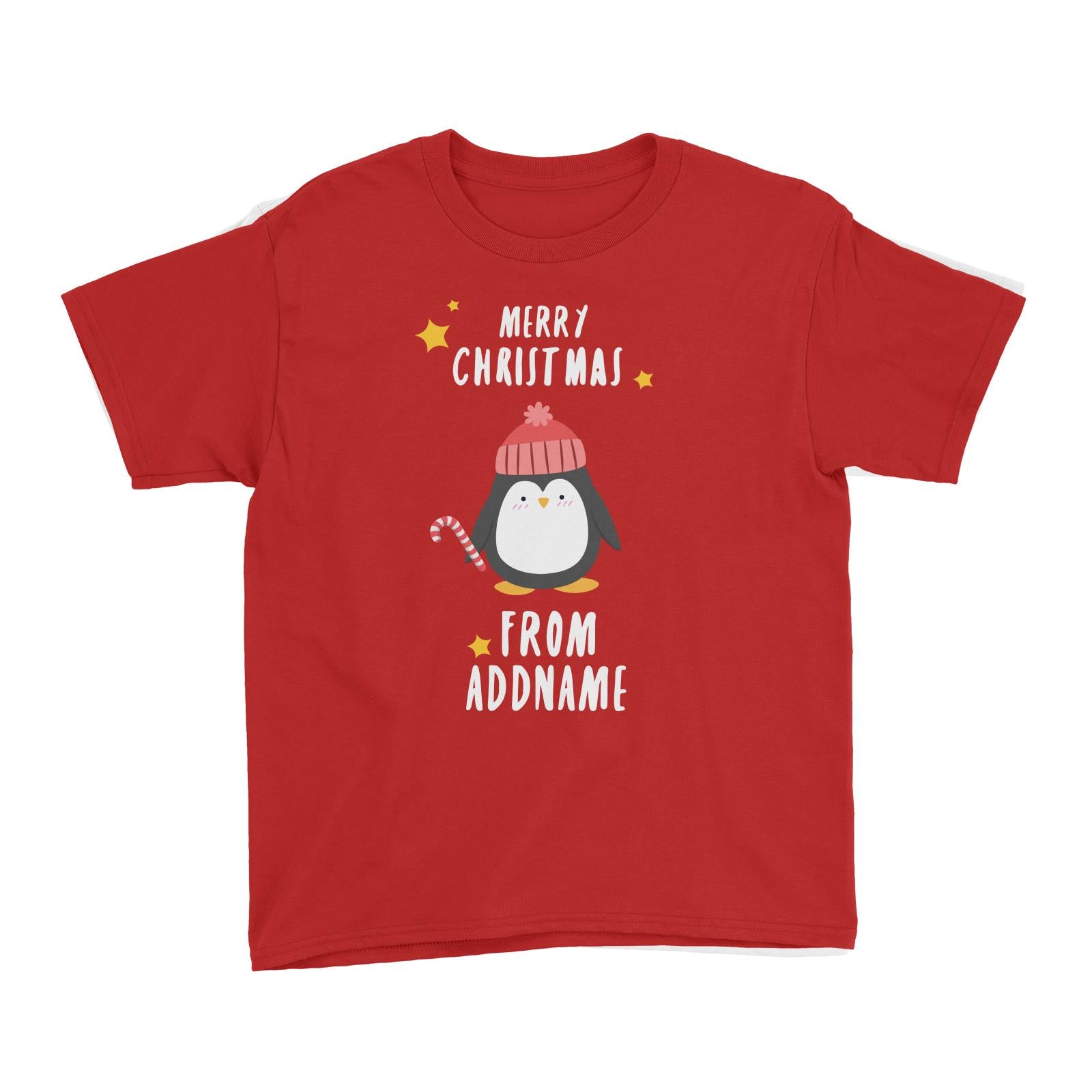 Cute Penguin Merry Christmas Greeting Addname Kid's T-Shirt  Animal Personalizable Designs Matching Family