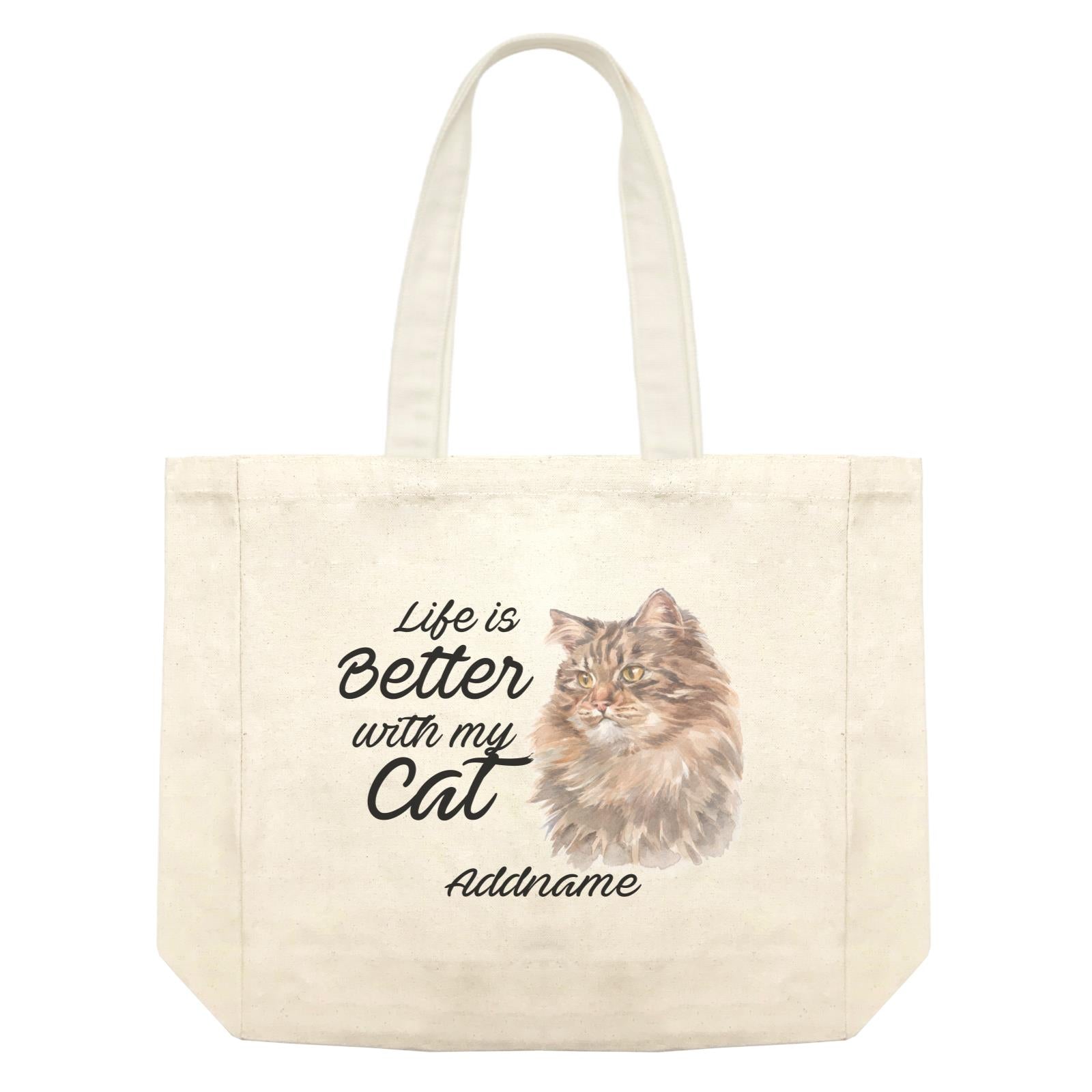 Watercolor Life is Better With My Cat Siberian Cat Brown Addname Shopping Bag