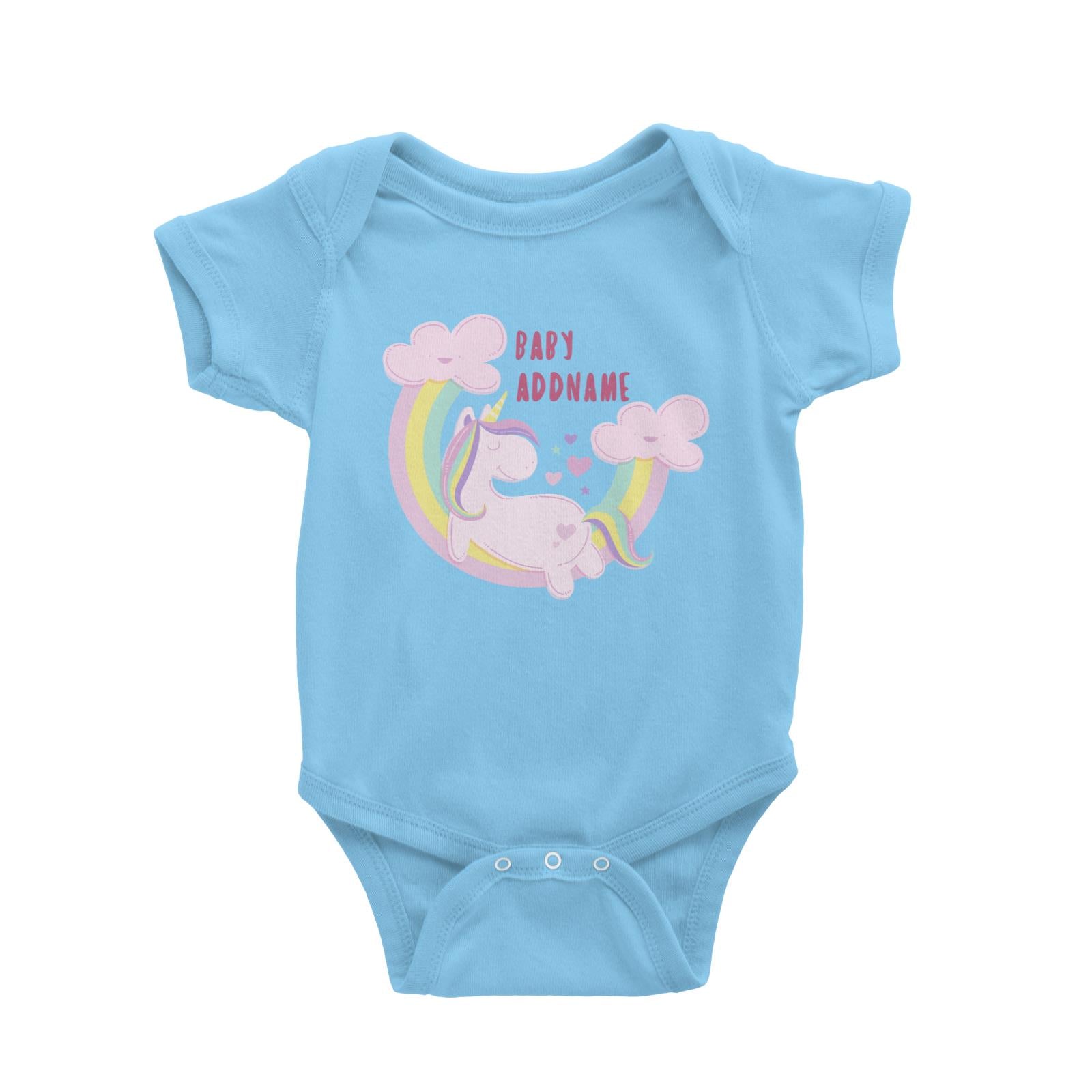 Pink Unicorn On Rainbow with Baby Addname Baby Romper