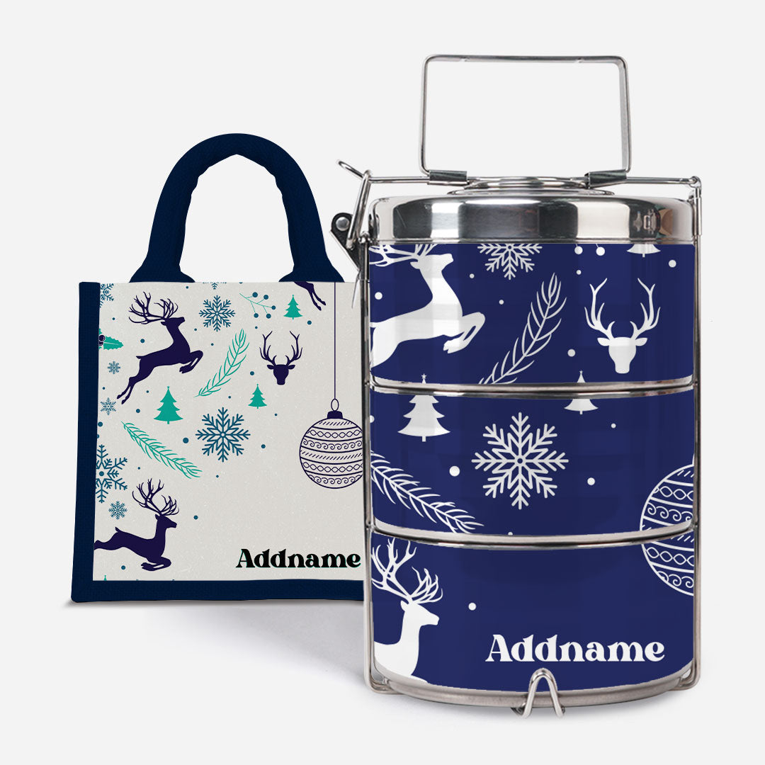 Christmas Series Premium Tiffin with Half Lining Lunch Bag Jubilant Reindeers Navy