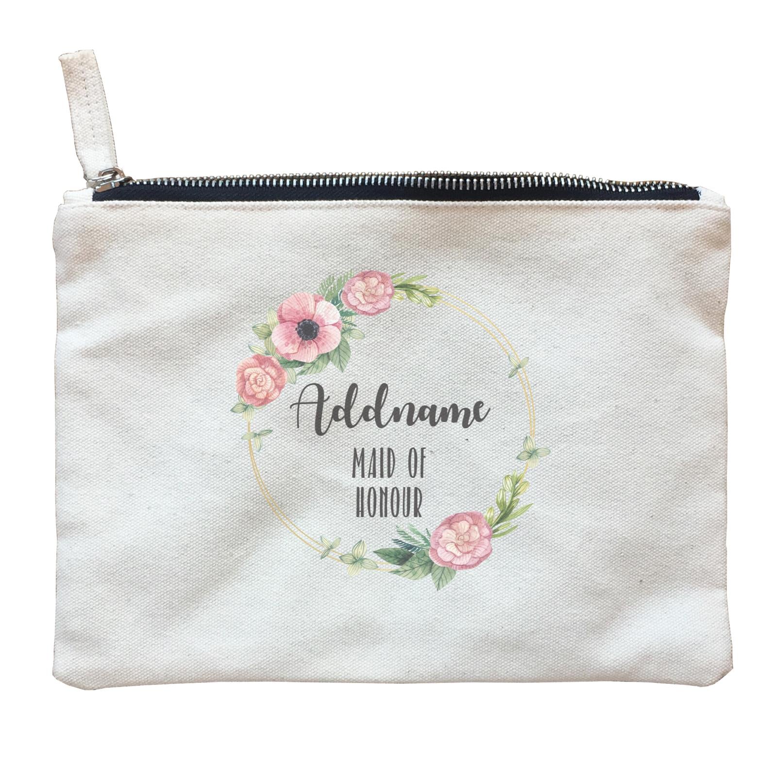 Bridesmaid Floral Sweet Pink Flower Wreath With Circle Maid Of Honour Addname Zipper Pouch