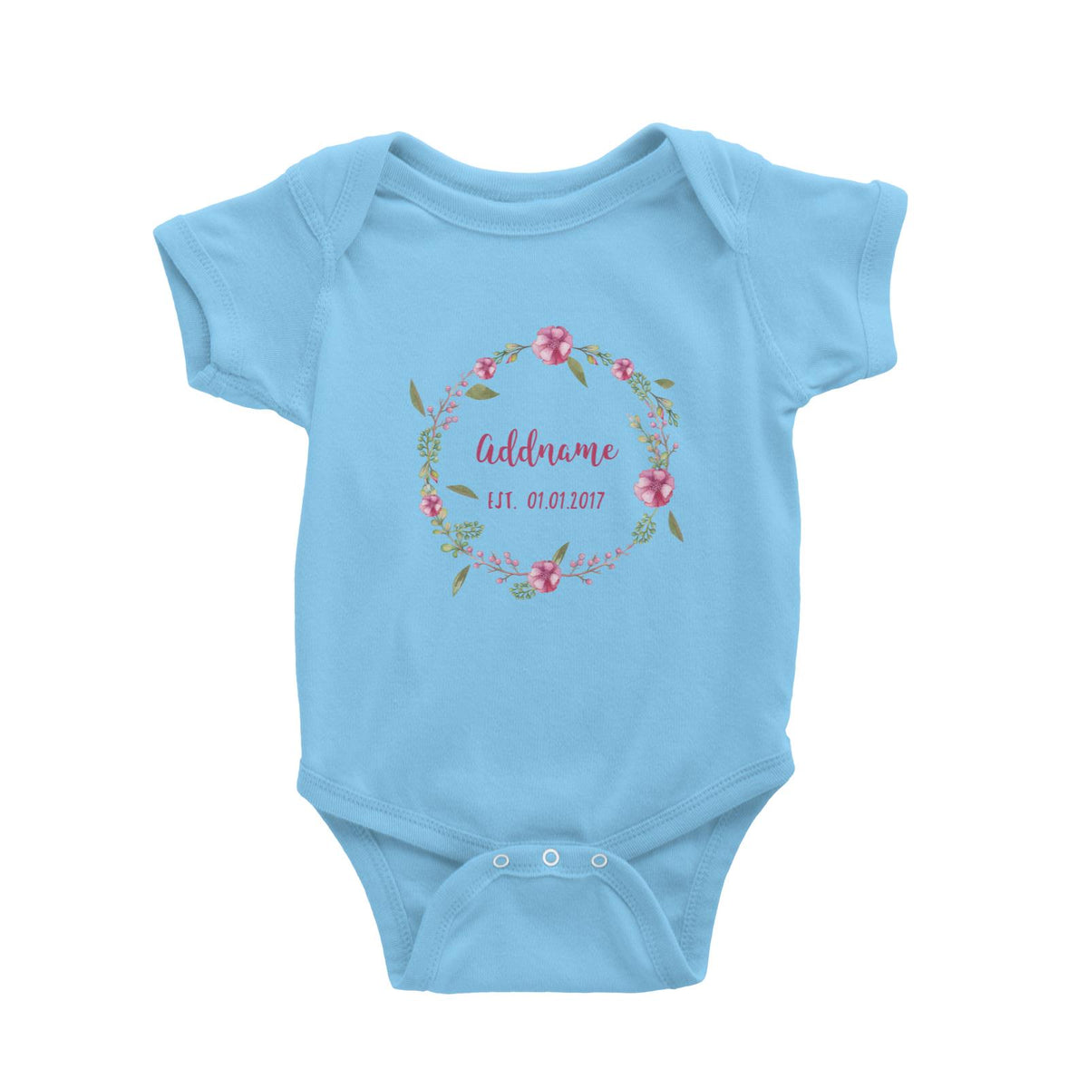 Add Name and Add Date in Pink Flower Wreath Baby Romper