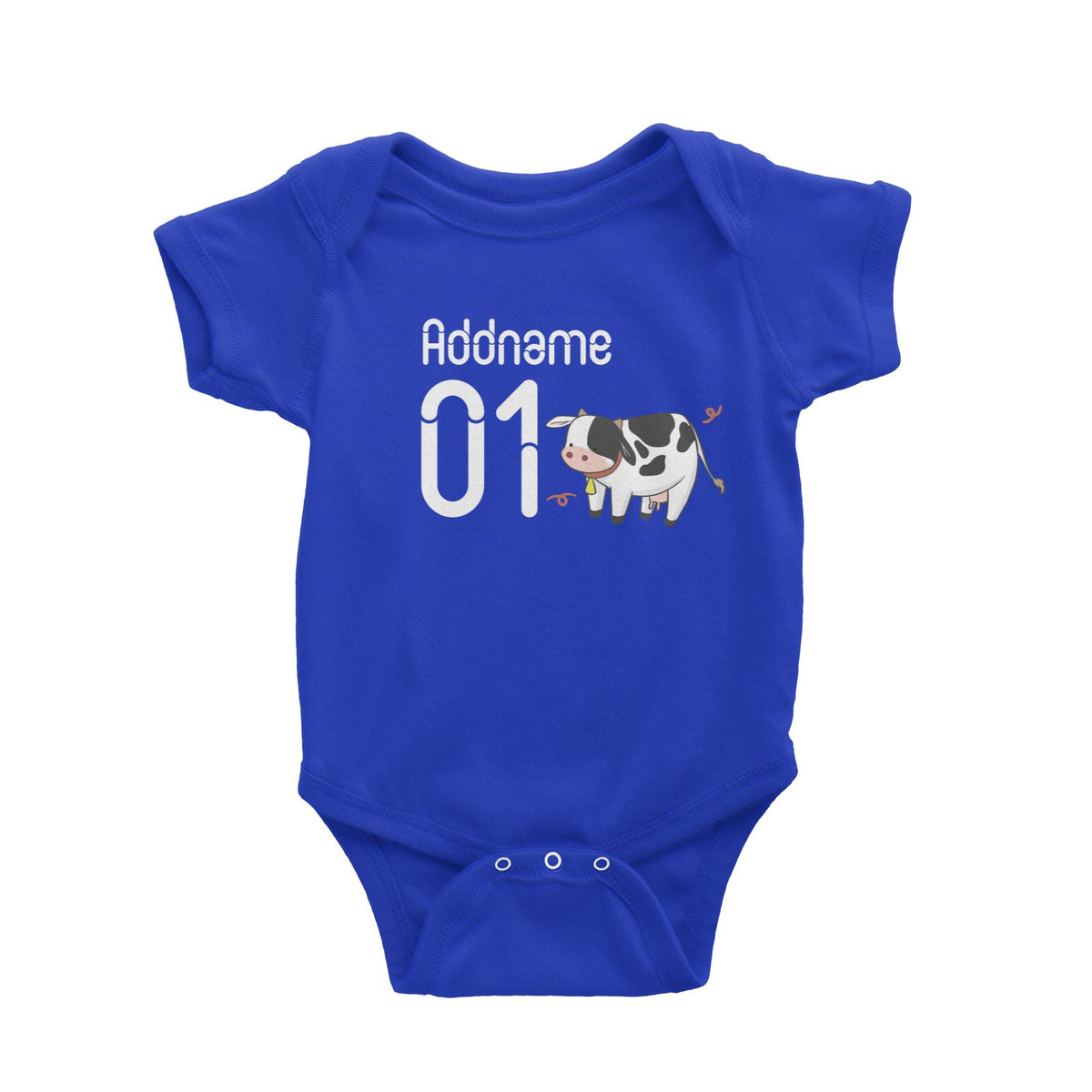 Name and Number Cute Hand Drawn Style Cow Baby Romper