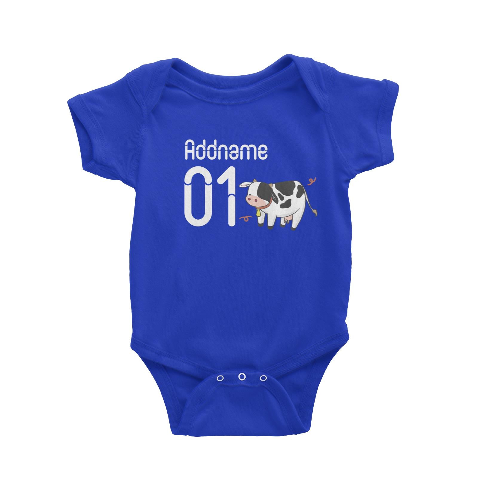 Name and Number Cute Hand Drawn Style Cow Baby Romper