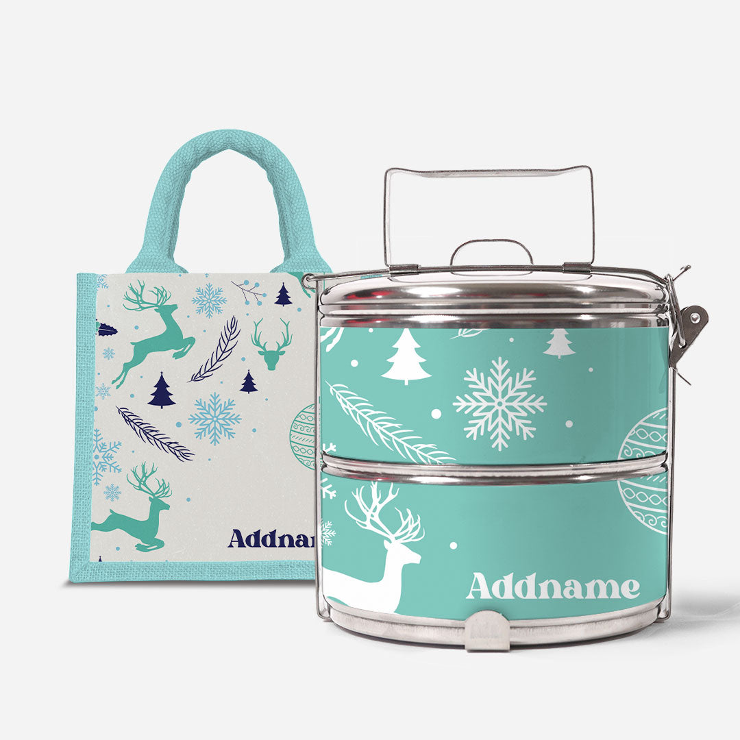 Christmas Series Standard Two Tier Tiffin  with Half Lining Lunch Bag Jubilant Reindeers Light Blue