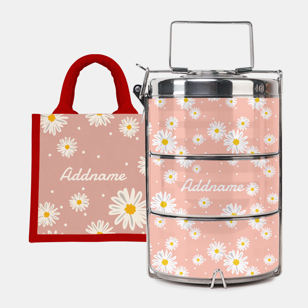 Daisy Series Half Lining Lunch Bag Wtih Premium  Tiffin Carrier - Coral Red