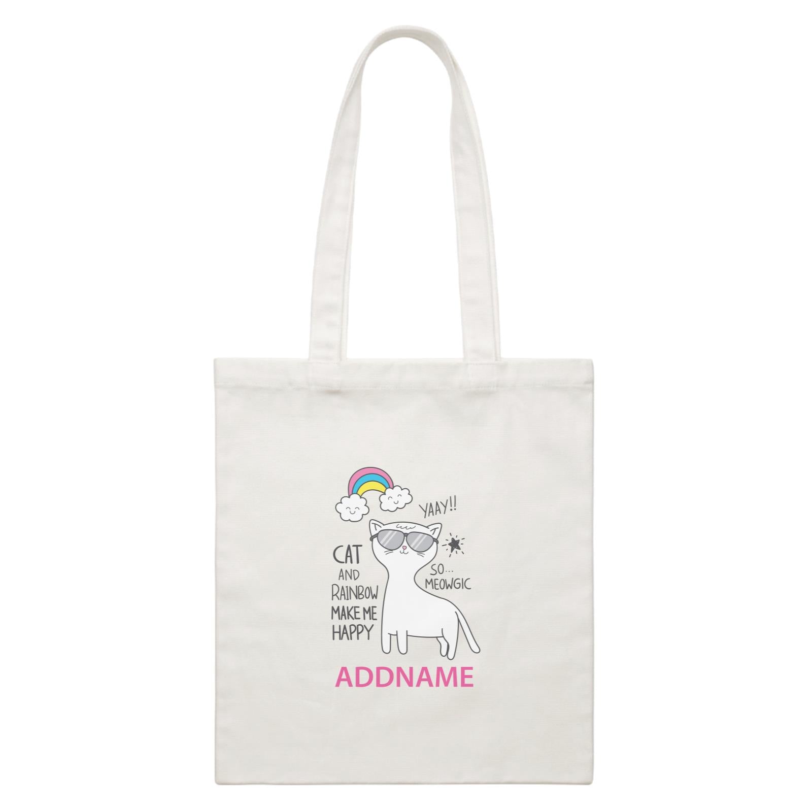 Cool Cute Animals Cats Yaay Cat And Rainbow Make Me Happy Addname White Canvas Bag