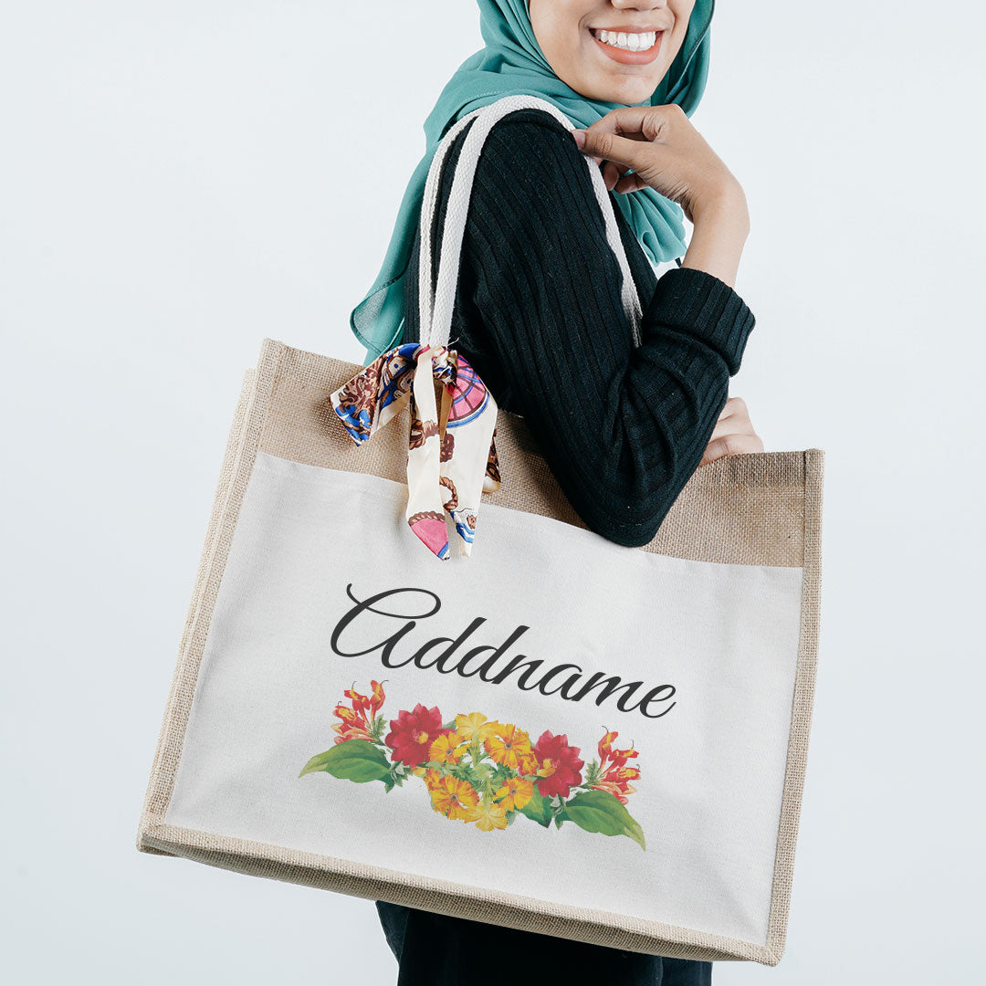 Retro Rose Bouquet Jute Bag with Front Pocket