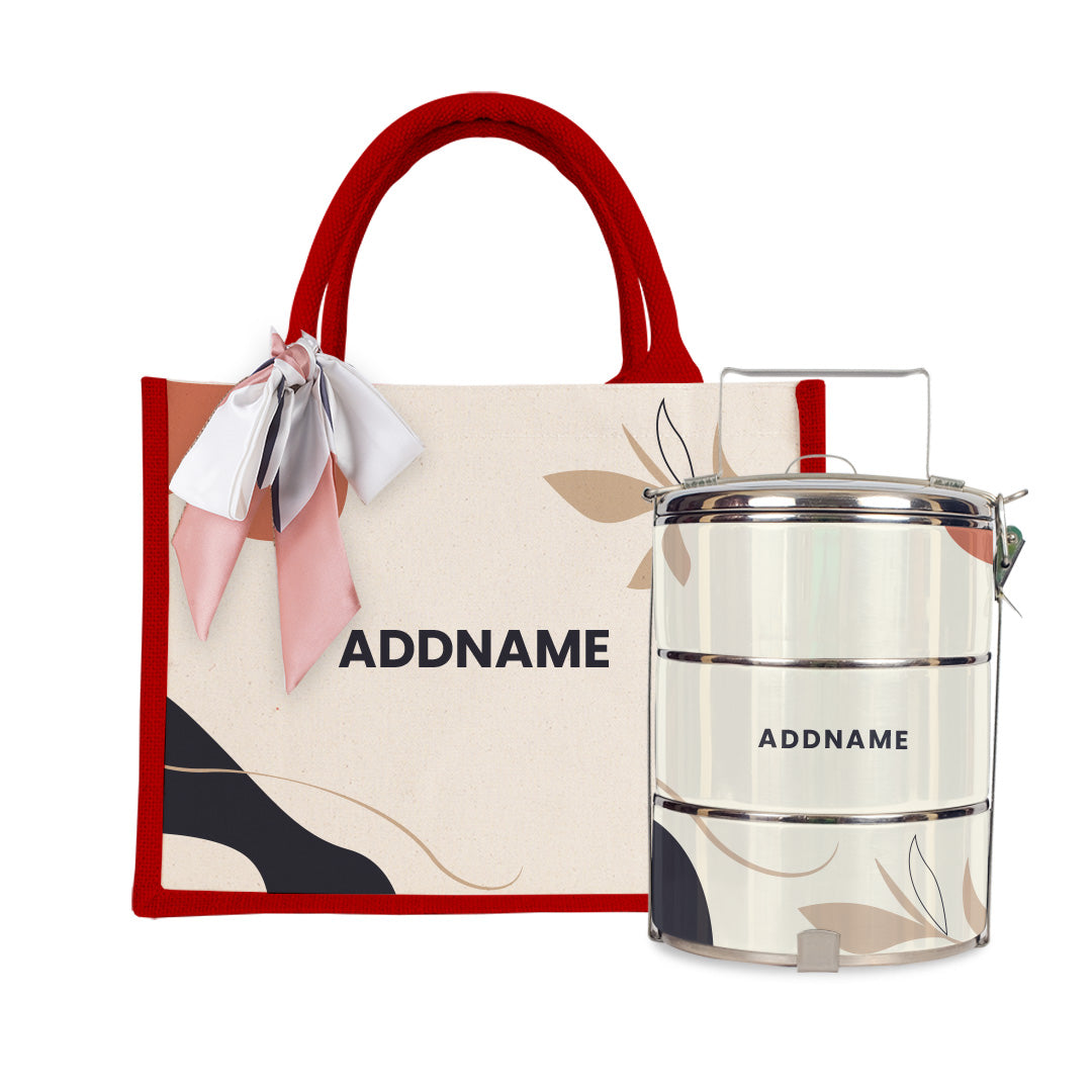 Charlotte Series - Calico Half Lining Small Jute Bag with Tiffin Carrier