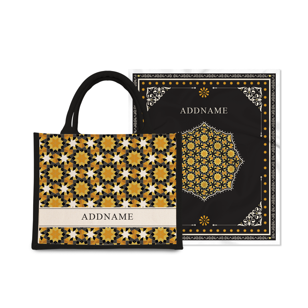 Ornamental Series - Black  Prayer Mat with Black Half Lining Small Canvas Bag