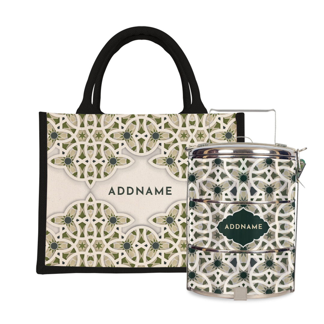 Ratu Series - Green Tiffin Carrier with Half Lining Small Jute Bag