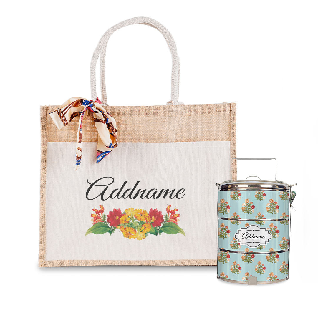Retro Rose Bouquet Flower Tiffin Carrier and Jute Bag with Front Pocket Set