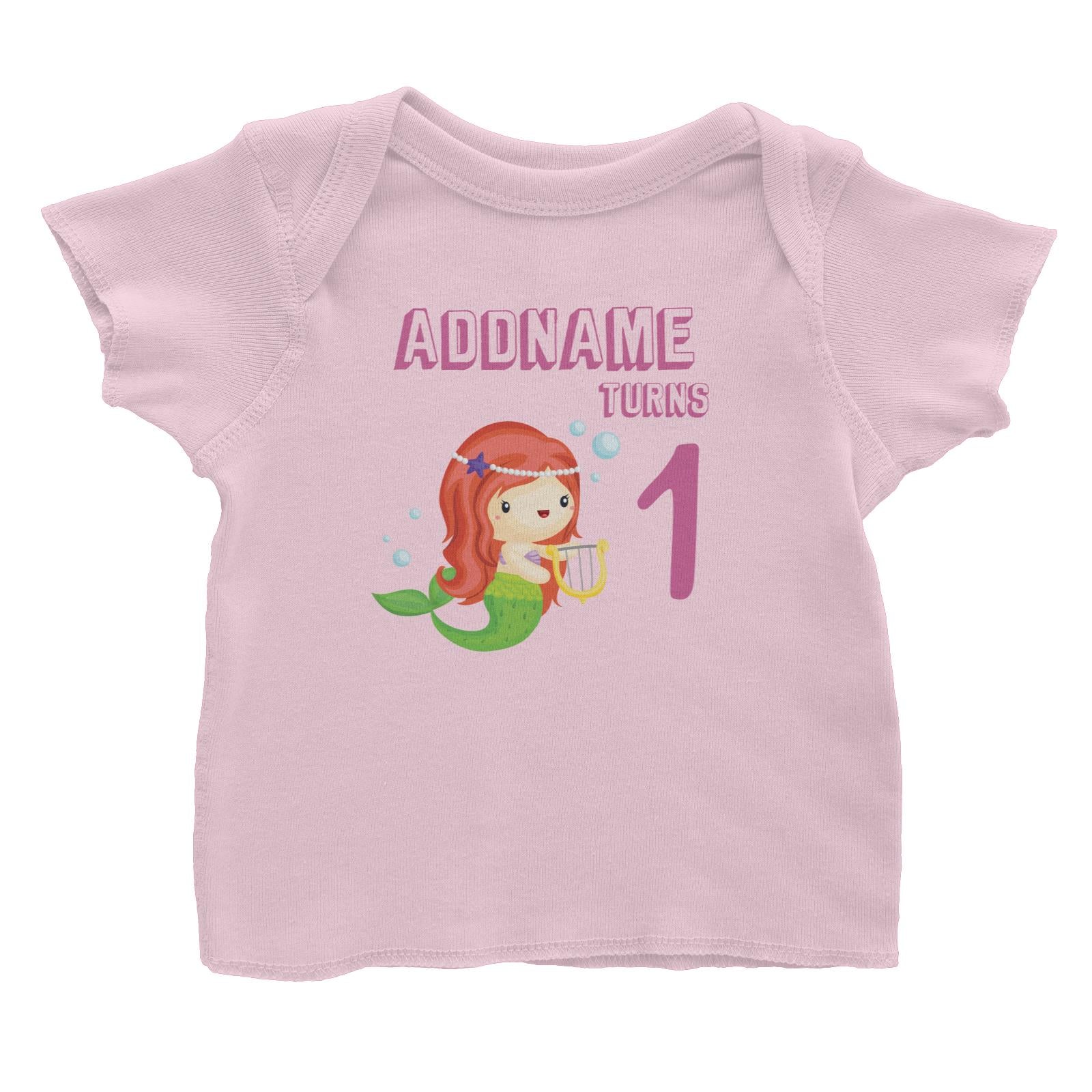 Birthday Mermaid Red Long Hair Mermaid Playing Harp Addname Turns 1 Baby T-Shirt