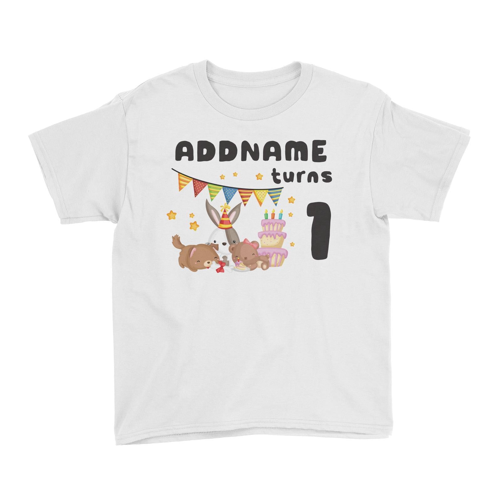 Birthday Friendly Animals Rabbit Bear And Dog Party Eating Cake Addname Turns 1 Kid's T-Shirt