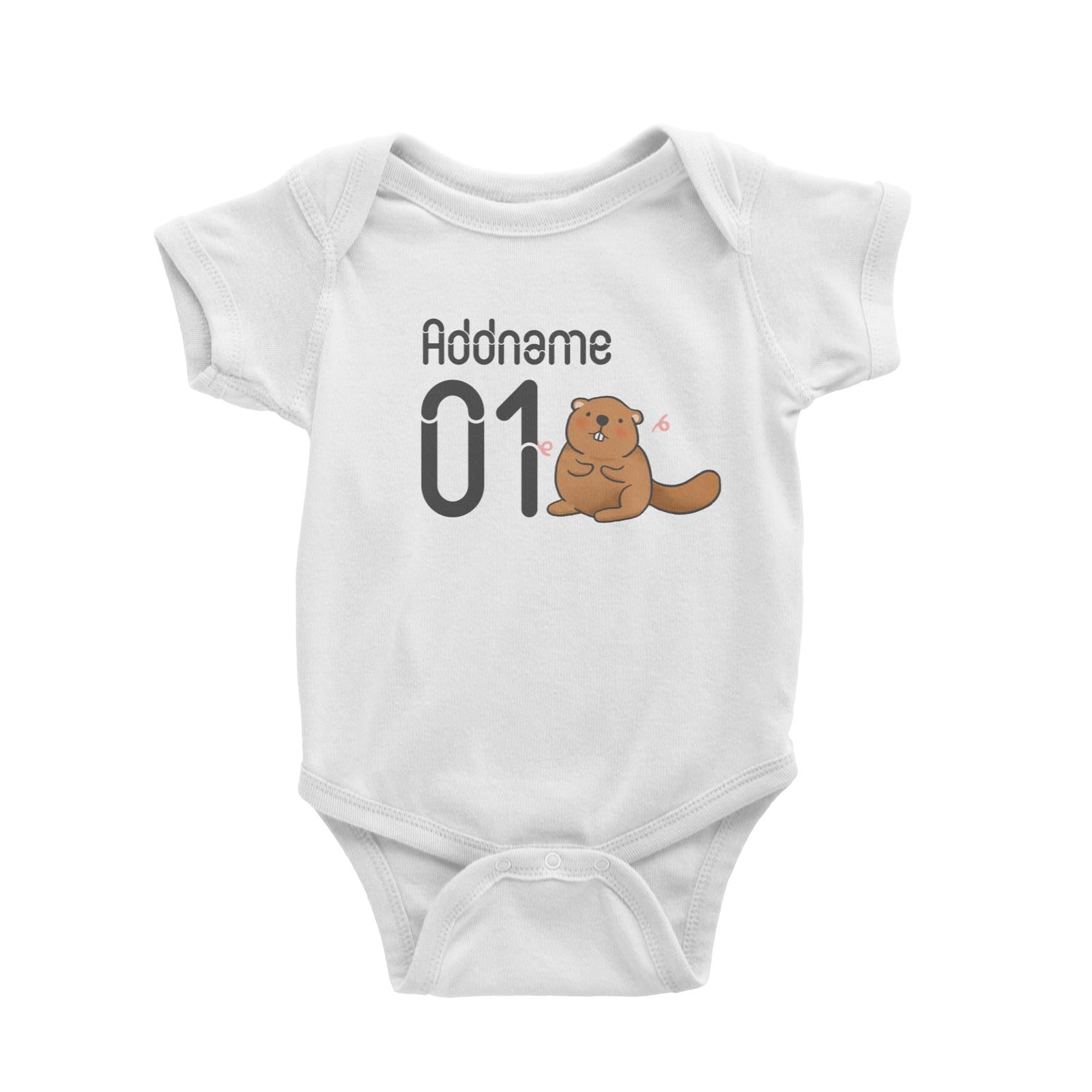 Name and Number Cute Hand Drawn Style Beaver Baby Romper