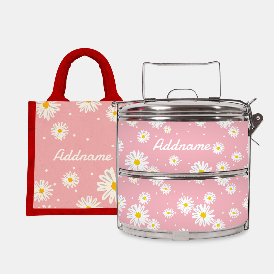 Daisy Series Half Lining Lunch Bag Wtih Standard Two Tier Tiffin Carrier - Blush Red