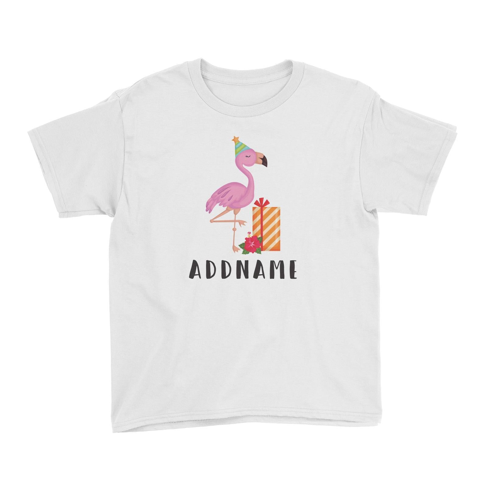 Birthday Hawaii Flamigo Wearing Party Hat With Present And Hibiscus Addname Kid's T-Shirt