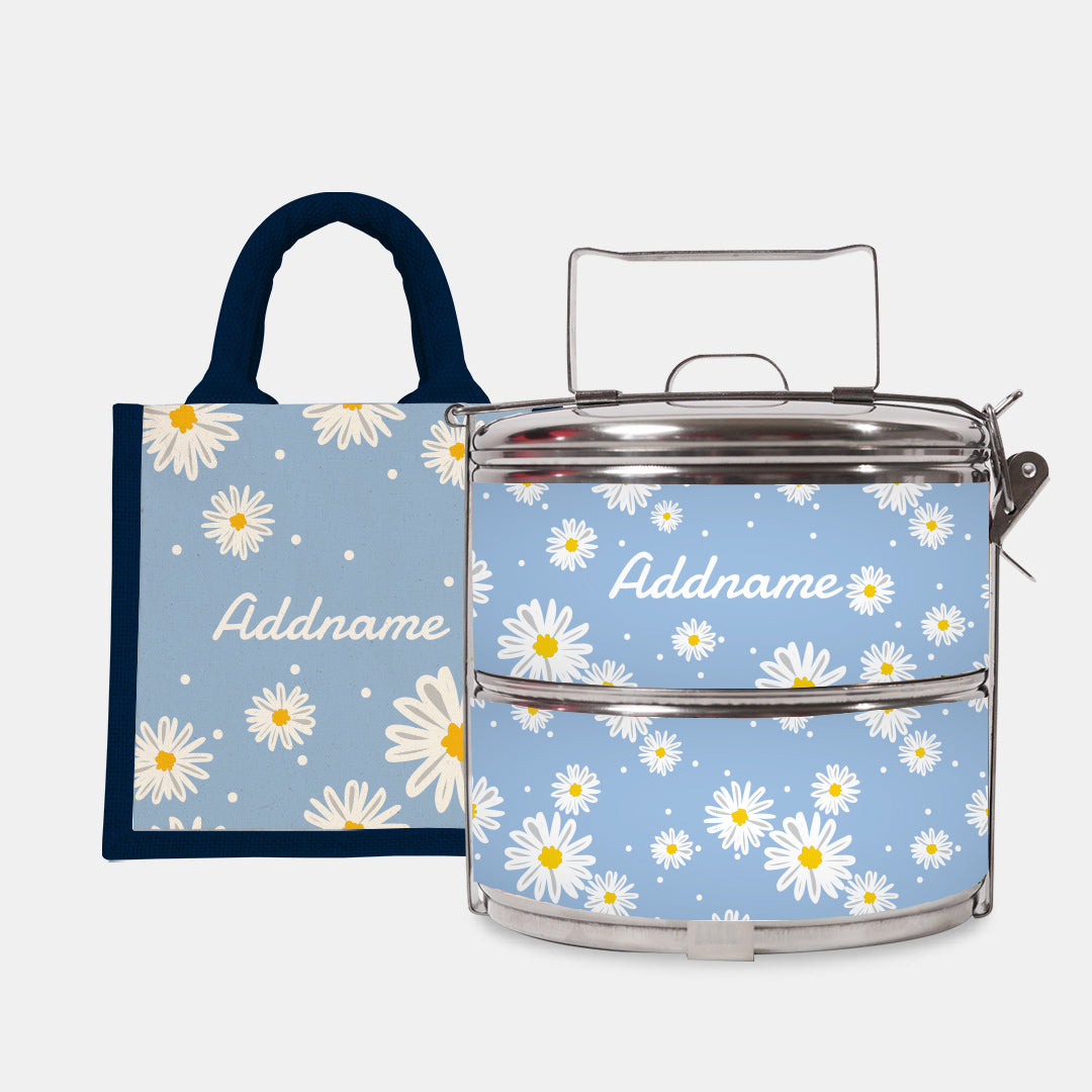 Daisy Series Half Lining Lunch Bag Wtih Standard Two Tier Tiffin Carrier - Frost Navy