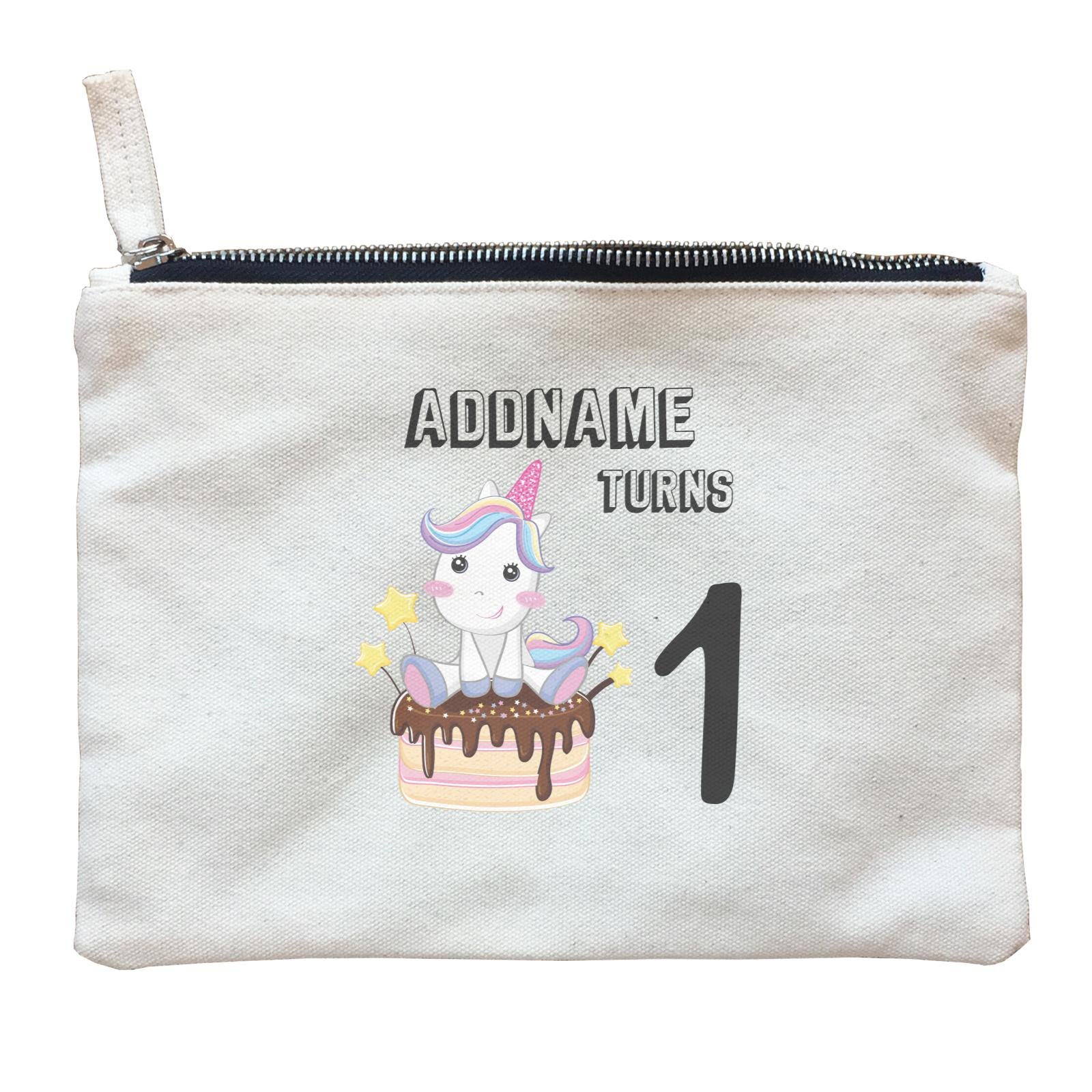 Birthday Unicorn With Cake Addname Turns 1 Zipper Pouch